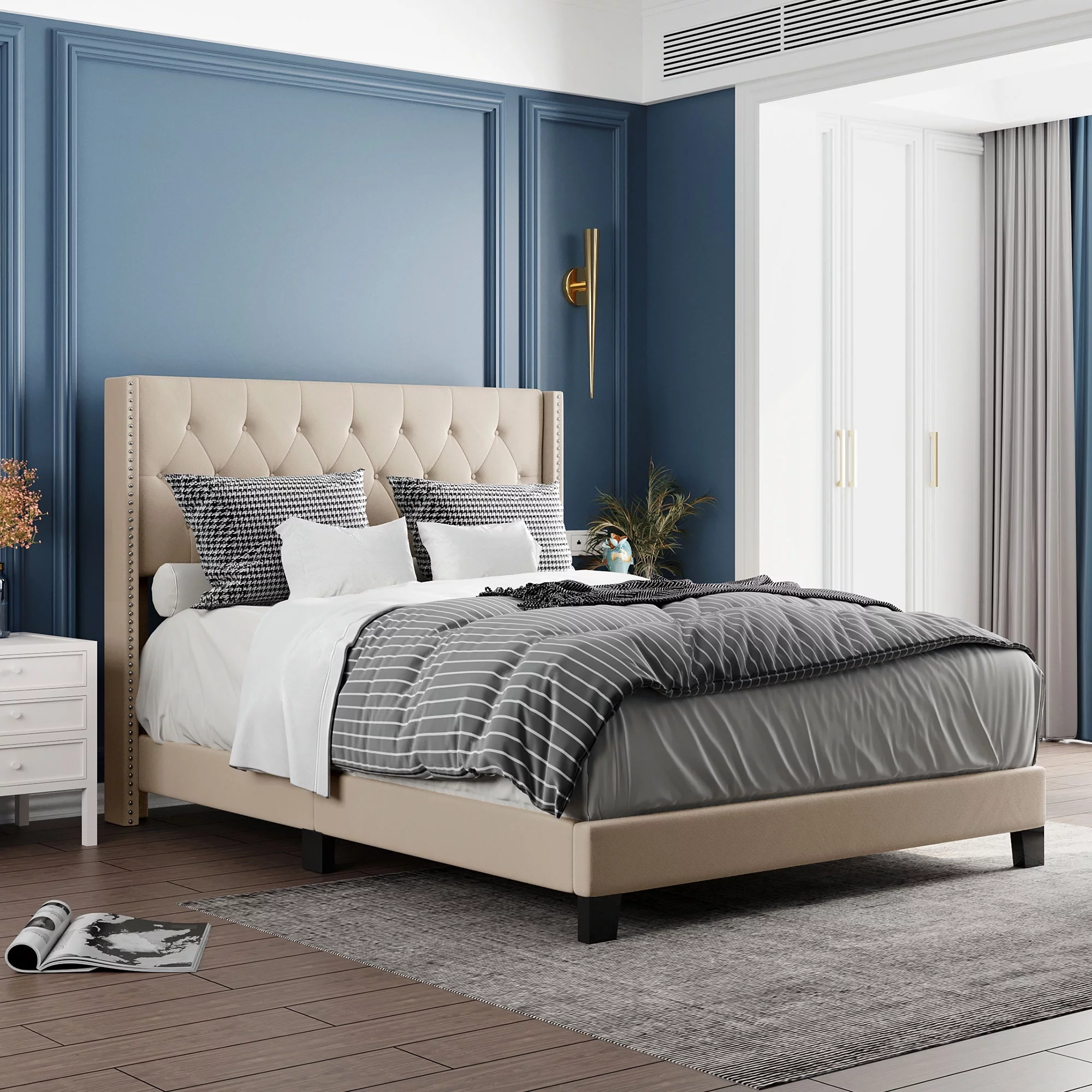 Upholstered Queen Size Platform Bed Frame with Classic Headboard, Platform Bed with Wood Slats, Linen Fabric, Box Spring Needed, Easy Assembly