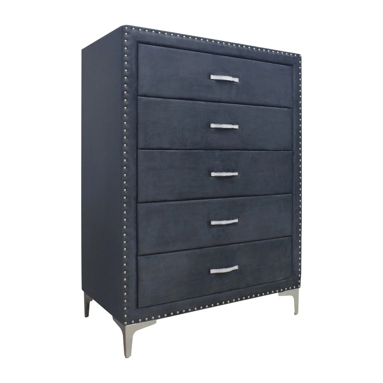 Moha 50 Inch Tall 5 Drawer Dresser Chest, Glass Top Gray Velvet Upholstered- Saltoro Sherpi