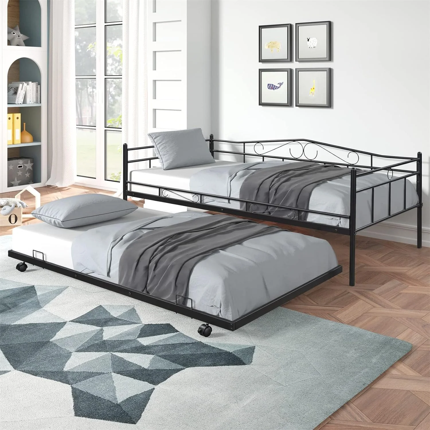 Daybed With Trudle Metal Day Bed Frame With Pullout Trudle, Heavy-Duty Daybed For Livig Room Bedroom Kids Tees Ad Adults, Black