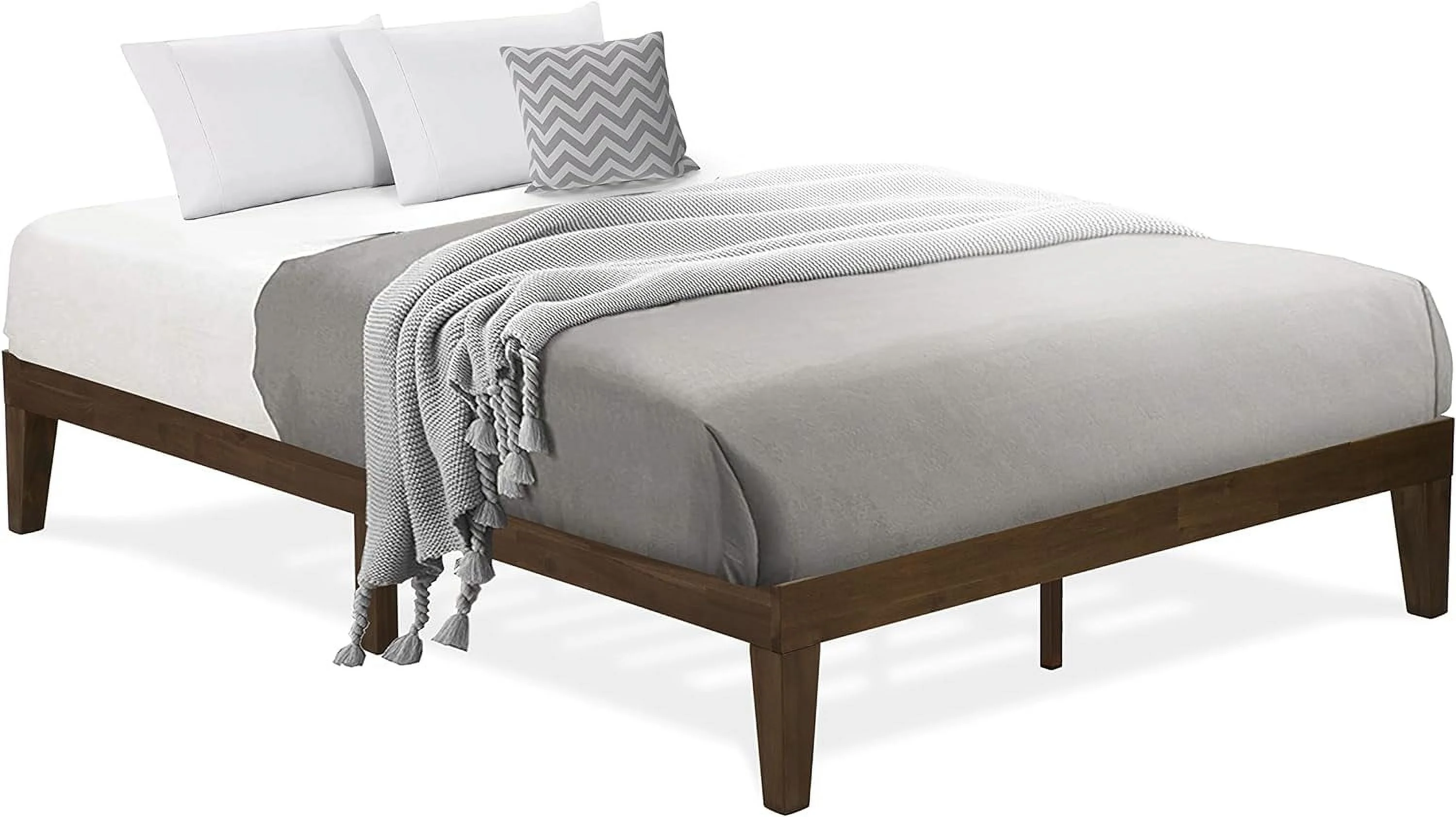 Queen Platform Bed Frame With 4 Solid Wood Legs And 2 Extra Center Legs - Walnut Finish