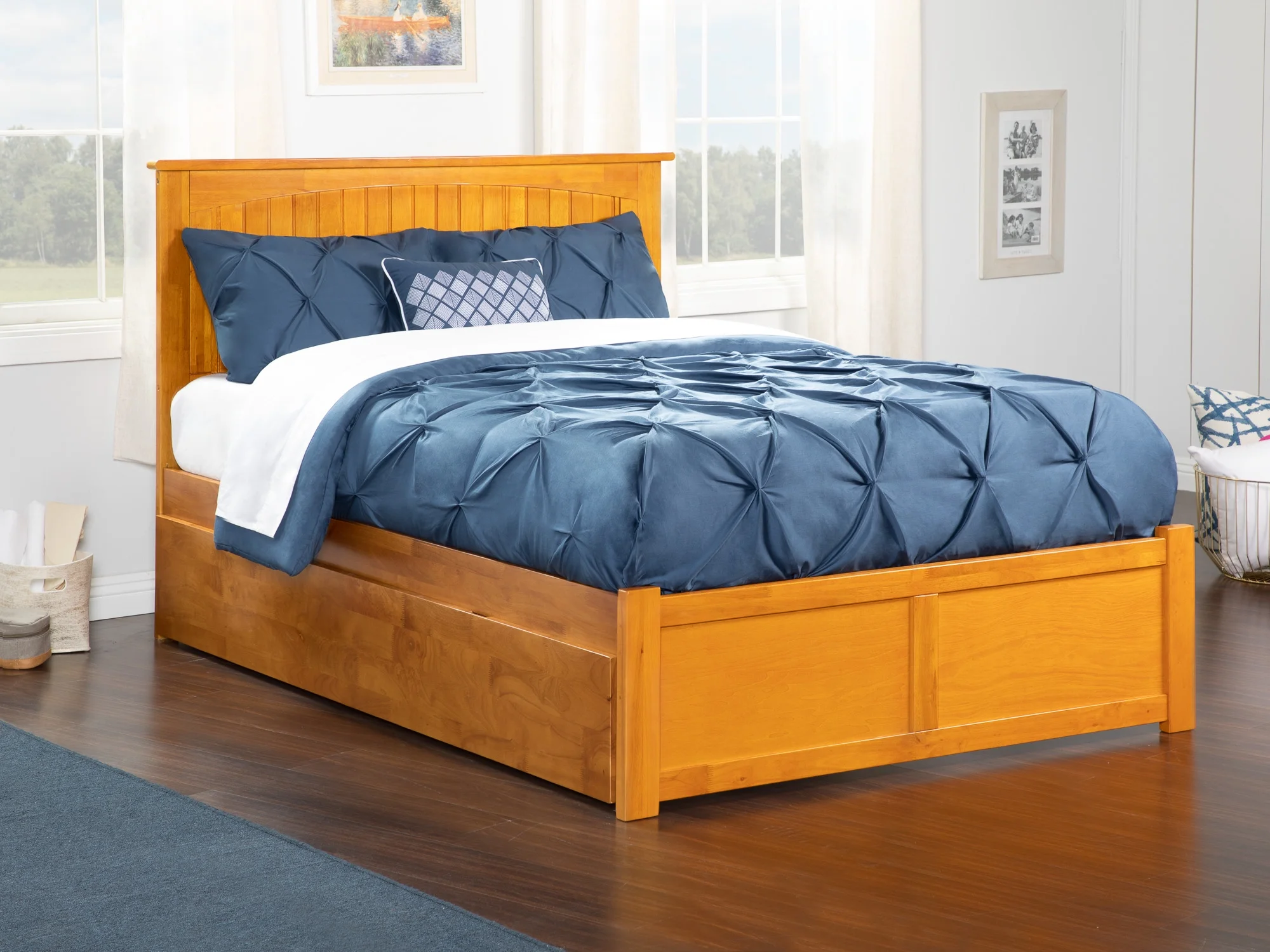 AFI Nantucket Full Size Platform Bed with Panel Footboard and Full Size Trundle in Caramel Latte