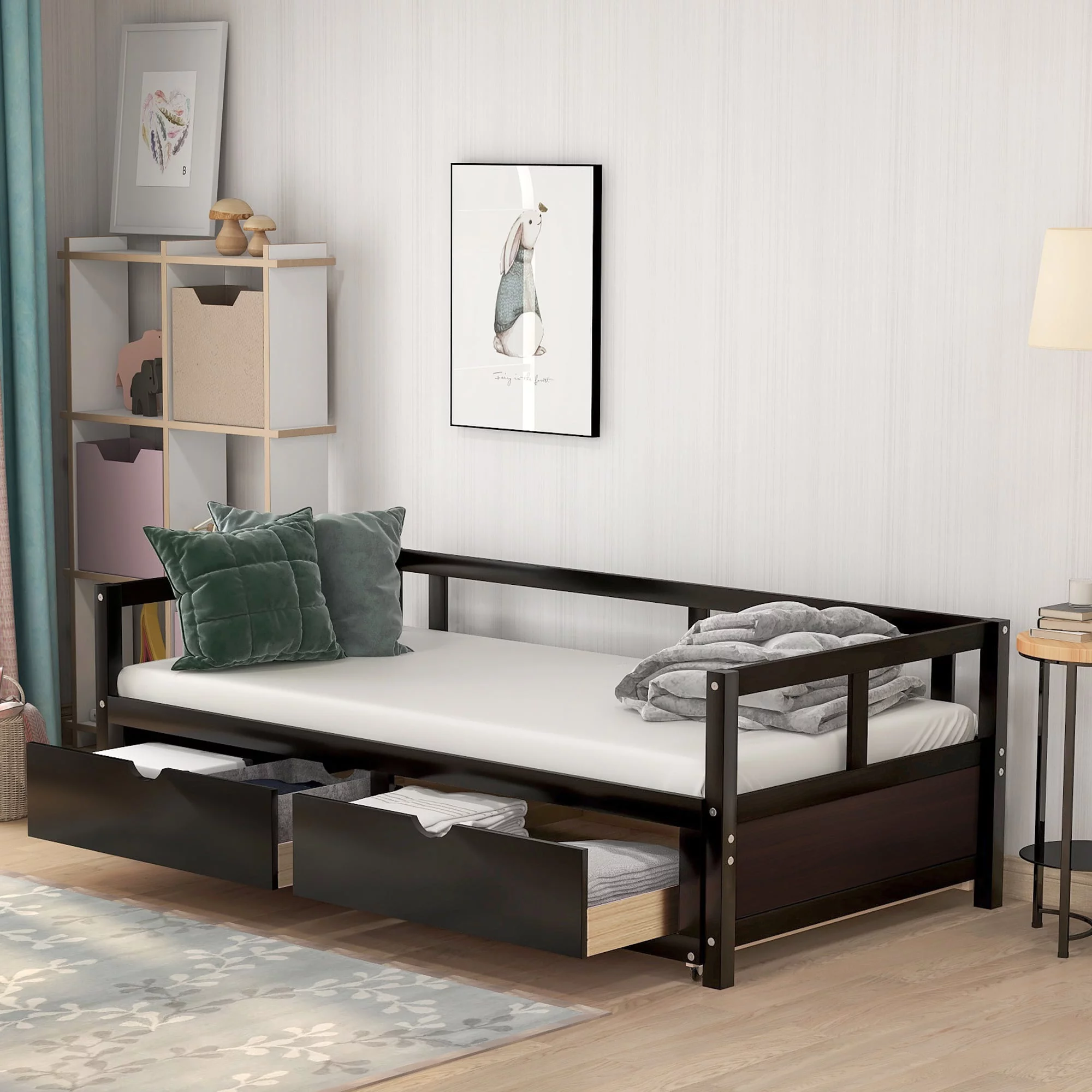 Wood Extendable Twin to King Daybed with Trundle for Teens Adults, Modern Sofa Bed for Bedroom Living Room - Espresso