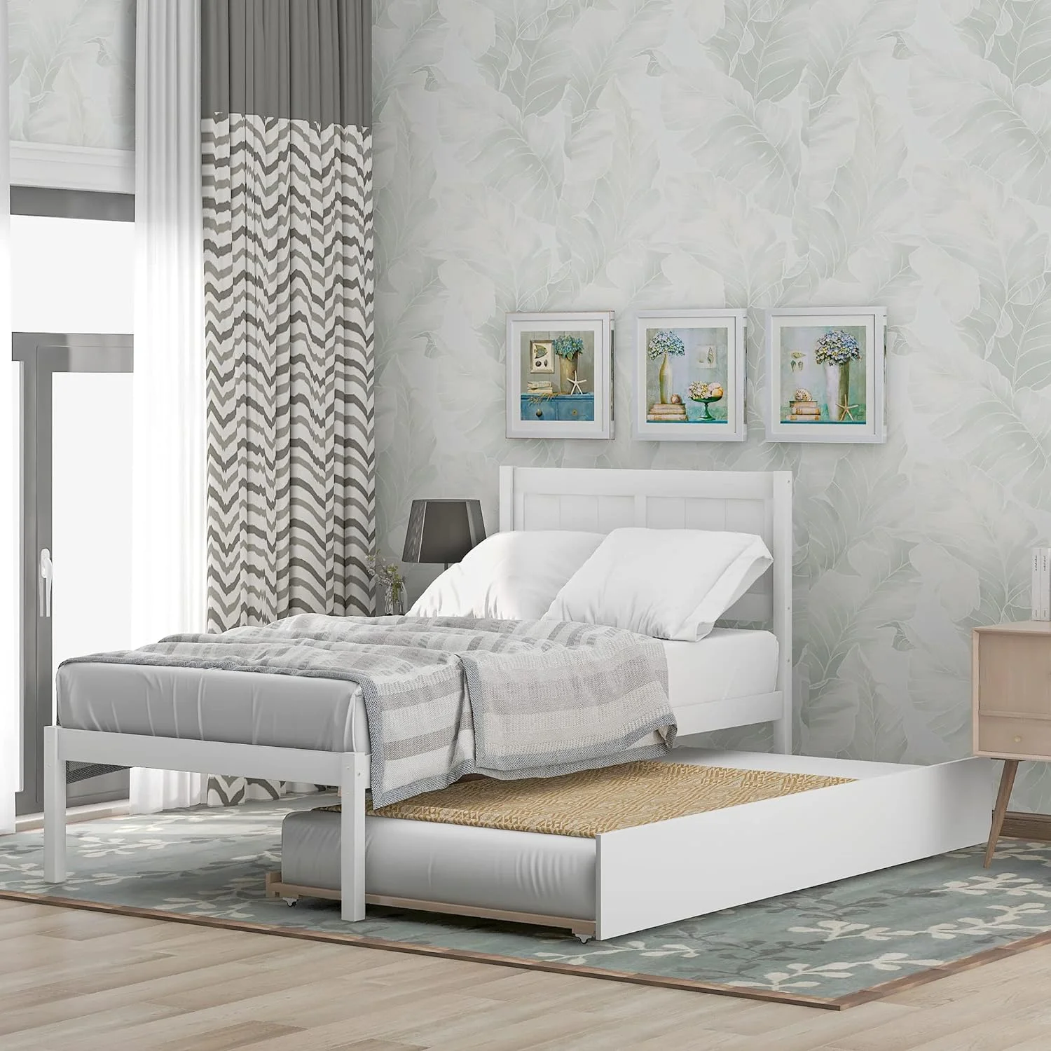 Wood Platform Bed With Trundle, Size Bed Frame With Headboard, Pull Out Trundle Bed For Kids Teens Guests Bedroom Living Room Furniture (White)