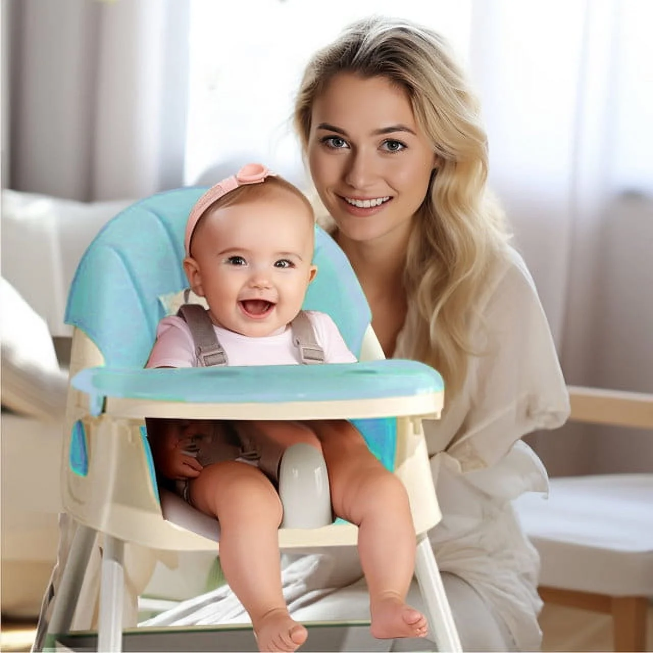 4-in-1 Baby High Chair Portable Dining Chairs Eat & Play with Five-Point, Double-Layer Dinner Plate and Toy Rack, easy to clean, safe and secure Green