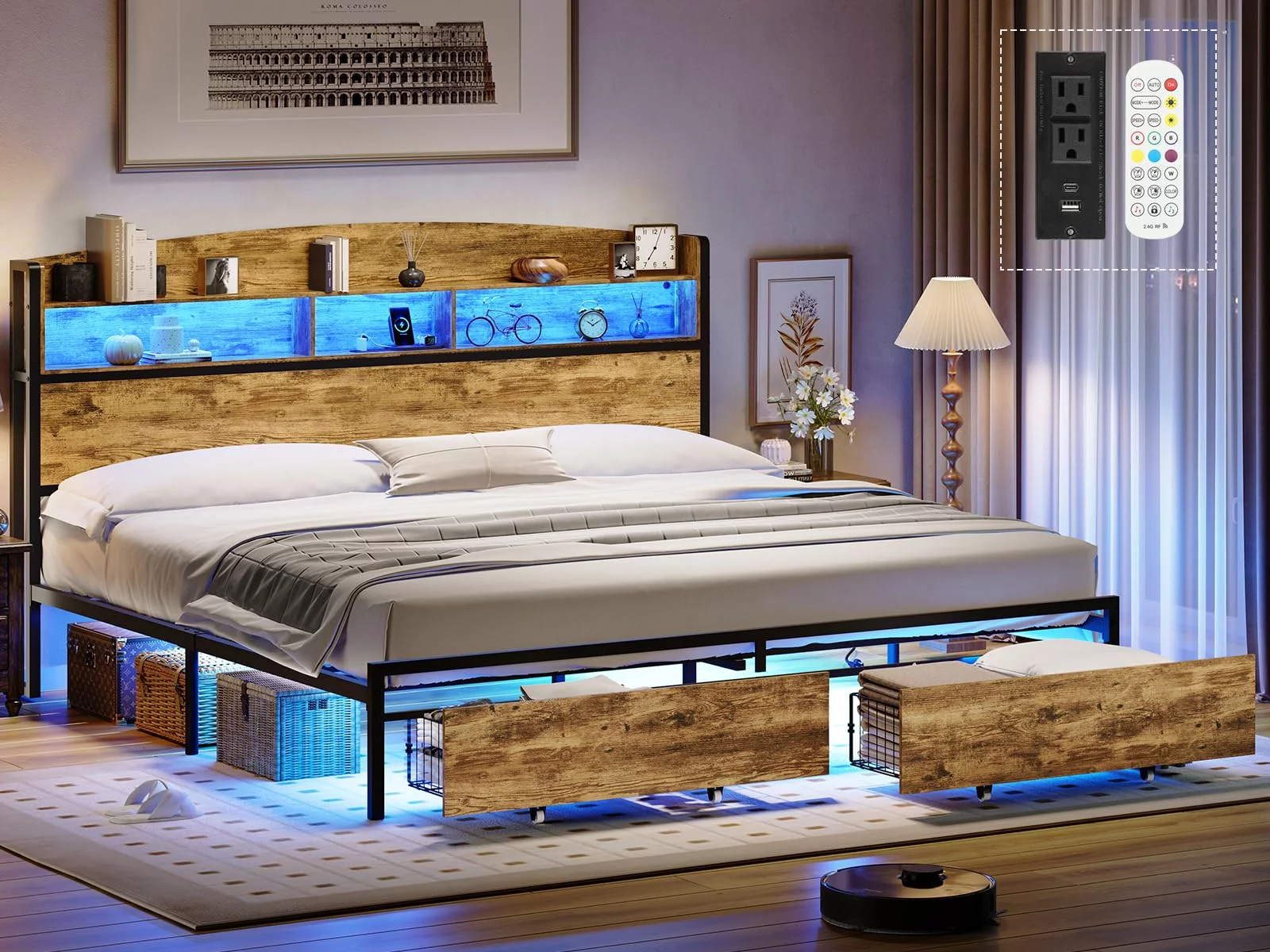 LED Bed Frame Queen Size with USB-C/A Charging Station,Metal Platform Bed with RGB Lights Headboard&Storage Drawers,Vintage Brown&Black