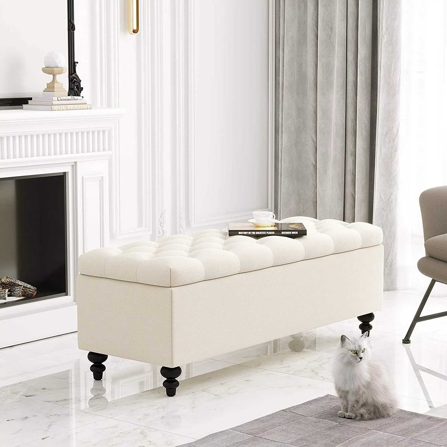 HUIMO Ottoman with storage, 51-inch Large Storage Bench with Button-Tufted, Bedroom Bench Safety Hinge Ottoman in Upholstered Fabrics for Bedroom, Living Room, Ivory