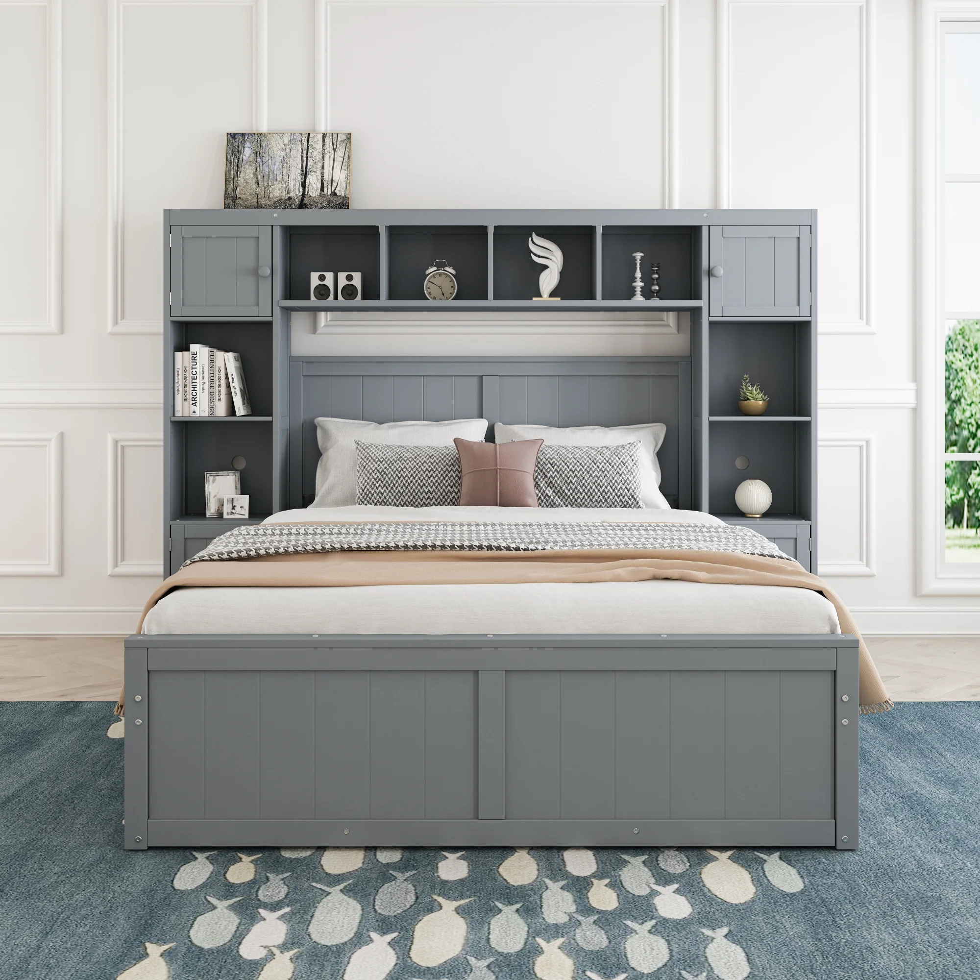 Full-Size Grey Wooden Bed with Integrated 4-Drawer Storage, Cabinet, and Shelving - Chic & Practical
