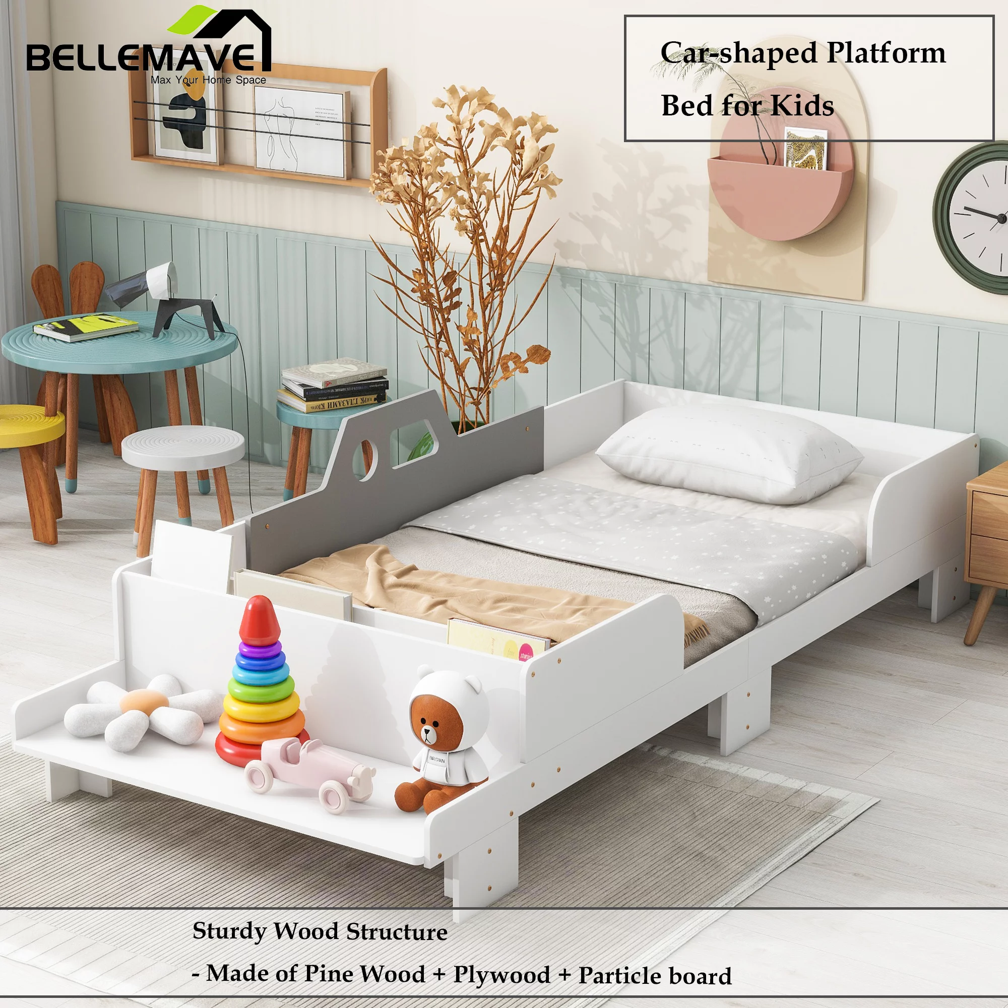 Bellemave Car-shaped Twin Platform Bed with Bed-end Bench Twin Wooden Bed Frame with Storage for Kids and Teens Funny Cartoon-style Kid’s Bed, White