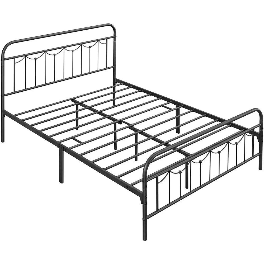 Queen Size Metal Bed Frame with Vintage Headboard/Footboard, Black