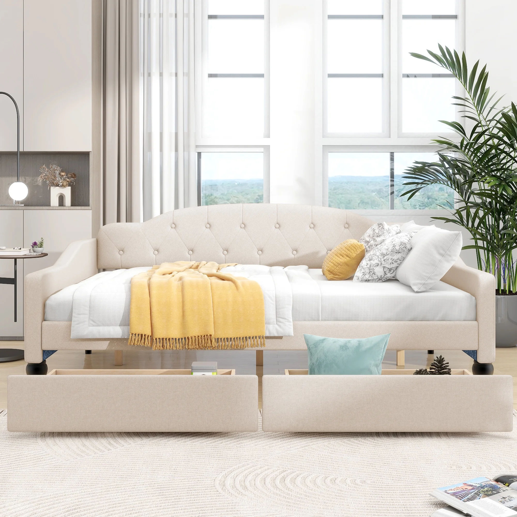 CoSoTower Full Size Upholstered Tufted Daybed with Two Drawers, Beige