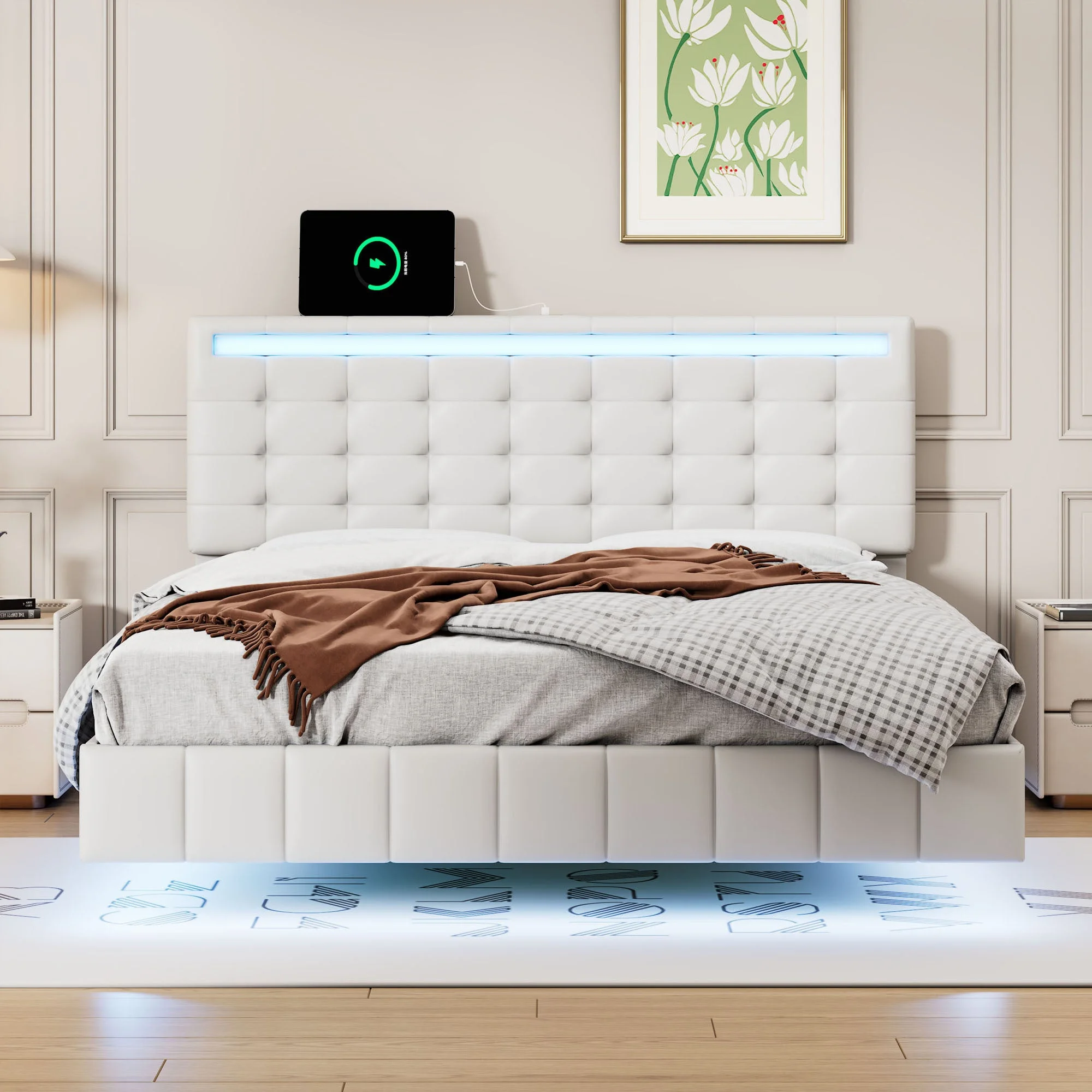 Marc Full Size Floating Bed Frame with LED  - White