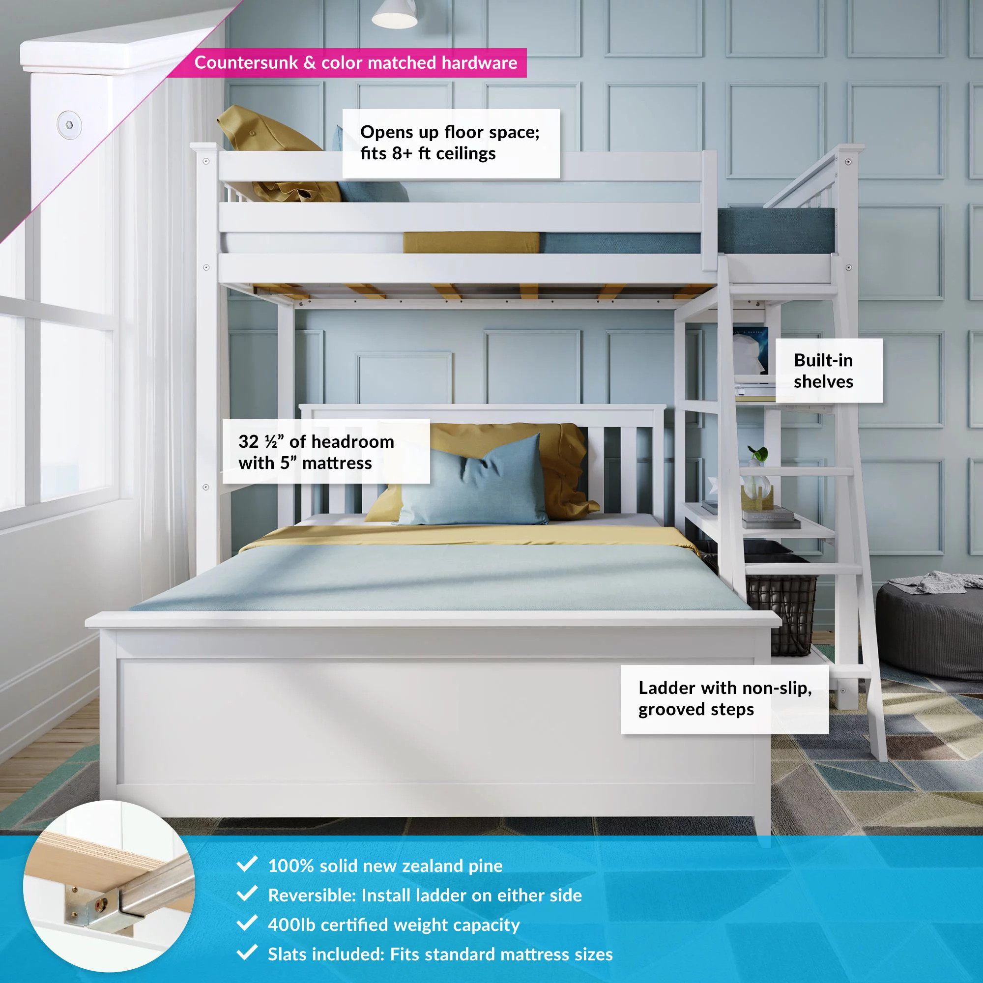 Max & Lily Wooden L-Shaped Twin over Full Bunk Bed with Bookcase for Kids, Grey