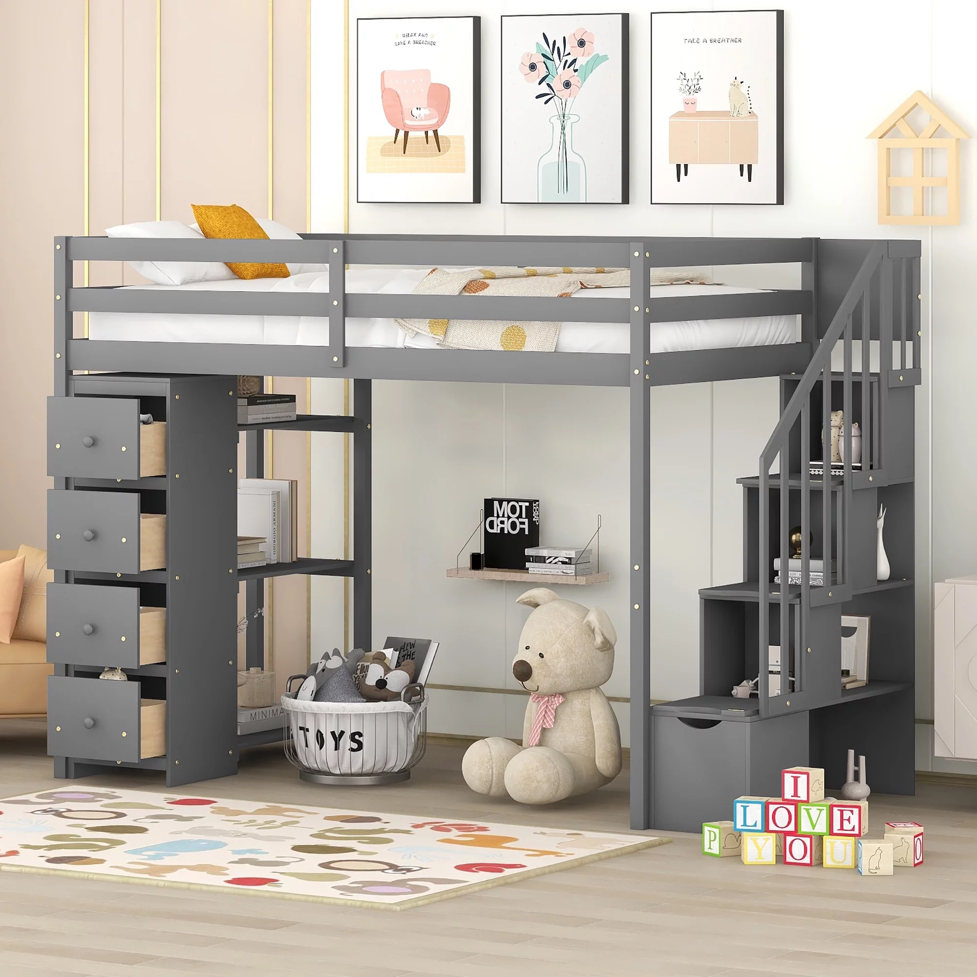 Twin Wood Loft Bed with Storage Drawers, Stairs and Guard Rail, Loft Bed with Shelves, Loft Bed for Teenagers, Multiple Functions Bed(Gray)