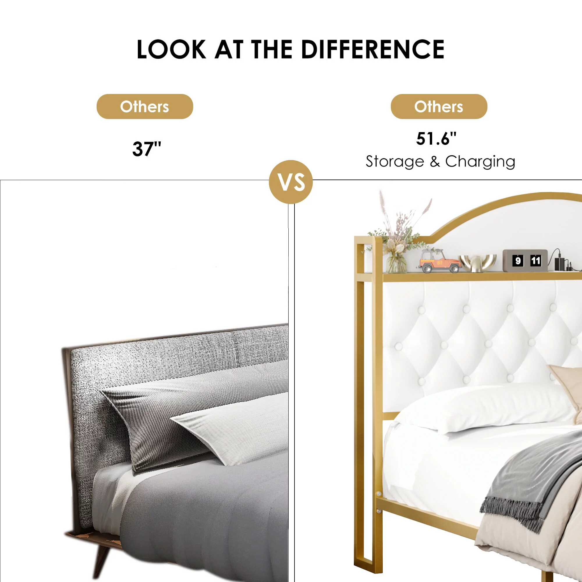 Homfa Full Size Tall Bed with Shelving and Charging, PU Leather Upholstered Storage Bed with 2 Drawers, White