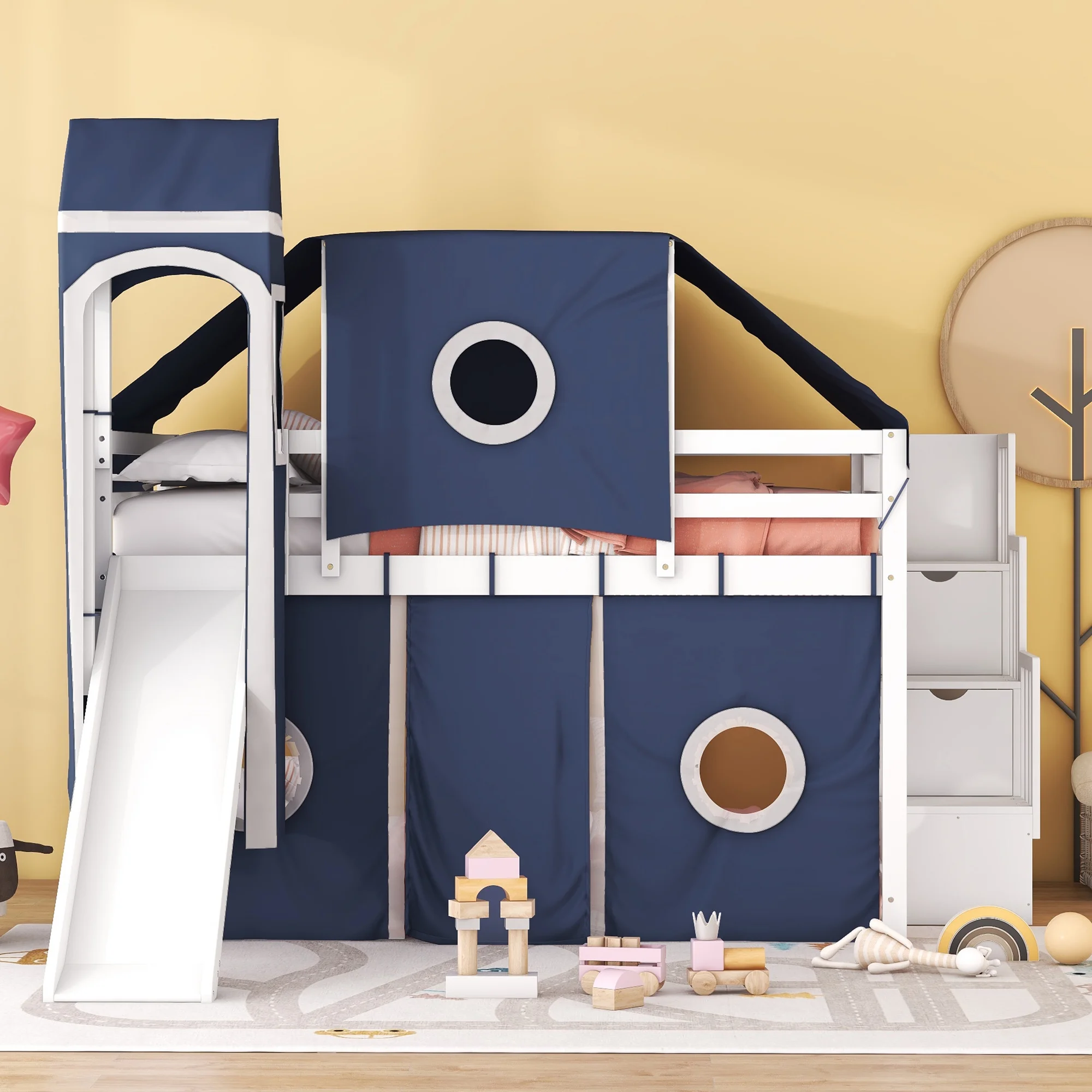 CoSoTower Full Size Loft Bed with Tent and Tower - Blue