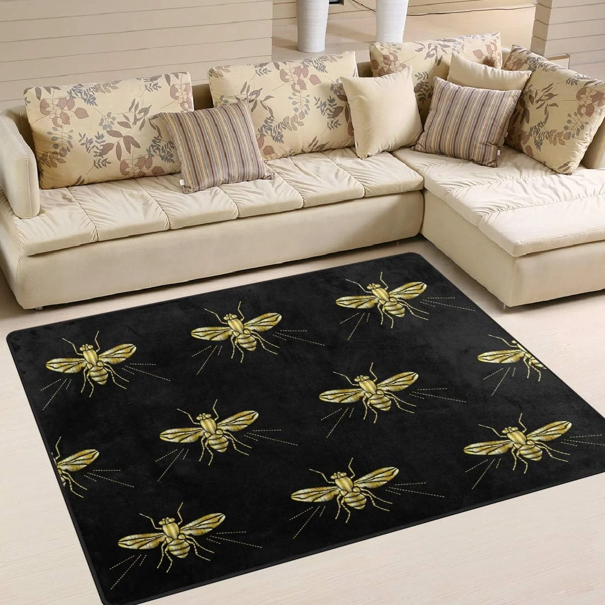 FREEAM Gold Bee Insect Black Area Rug 5x7 Soft Large Area Rugs Indoor Modern Floor Carpet No-Shedding Non-Slip Mat for Living Room Entryway Bedroom Kids Room