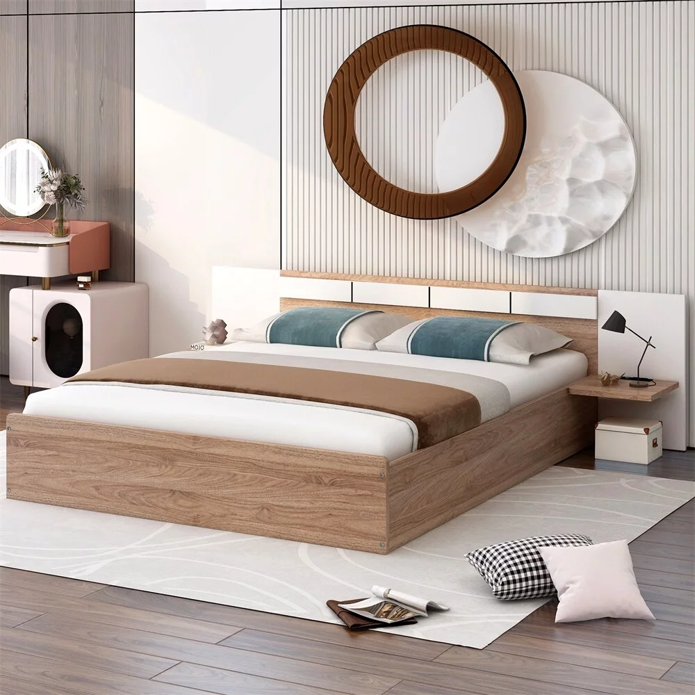 BESTCOSTY Queen Size Platform Bed w/ Headboard, Shelves, USB Ports and Sockets