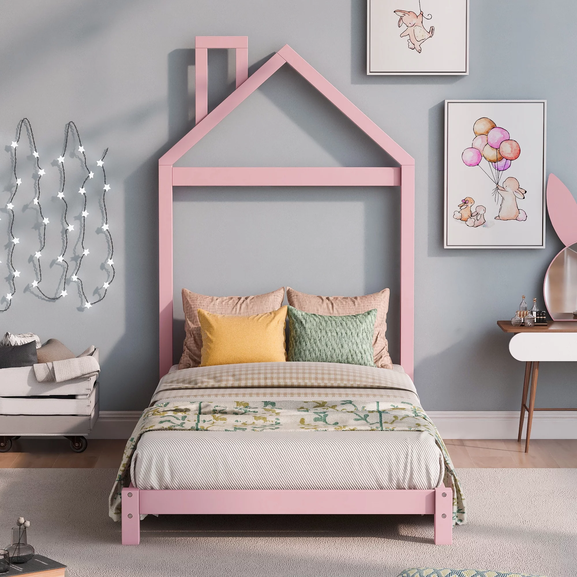 Twin Size Wood Platform Bed with House-shaped Headboard&nbsp; (Pink)