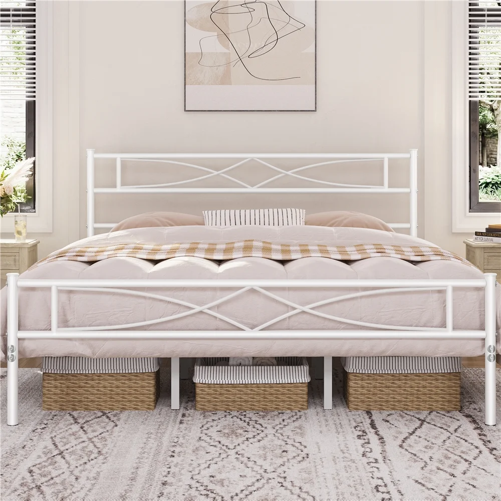 Topeakmart Metal King Bed Frame with Curved Design Headboard and Footboard, White