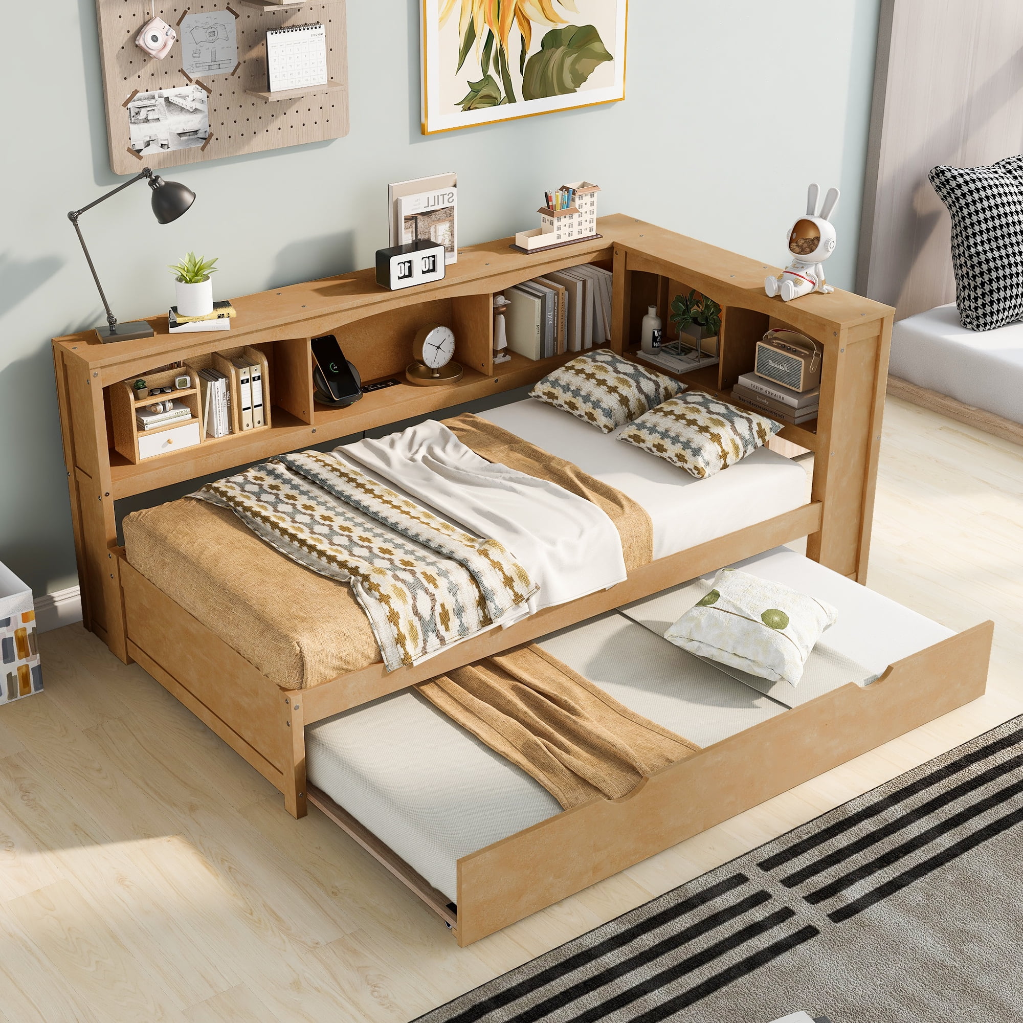 Churanty Wooden Twin Size Daybed with Trundle and Storage Cabinet,Floor Day Bed Frame w/L-Shaped Bookcase Shelves and USB Ports for Bedroom Living Room, Wood Color