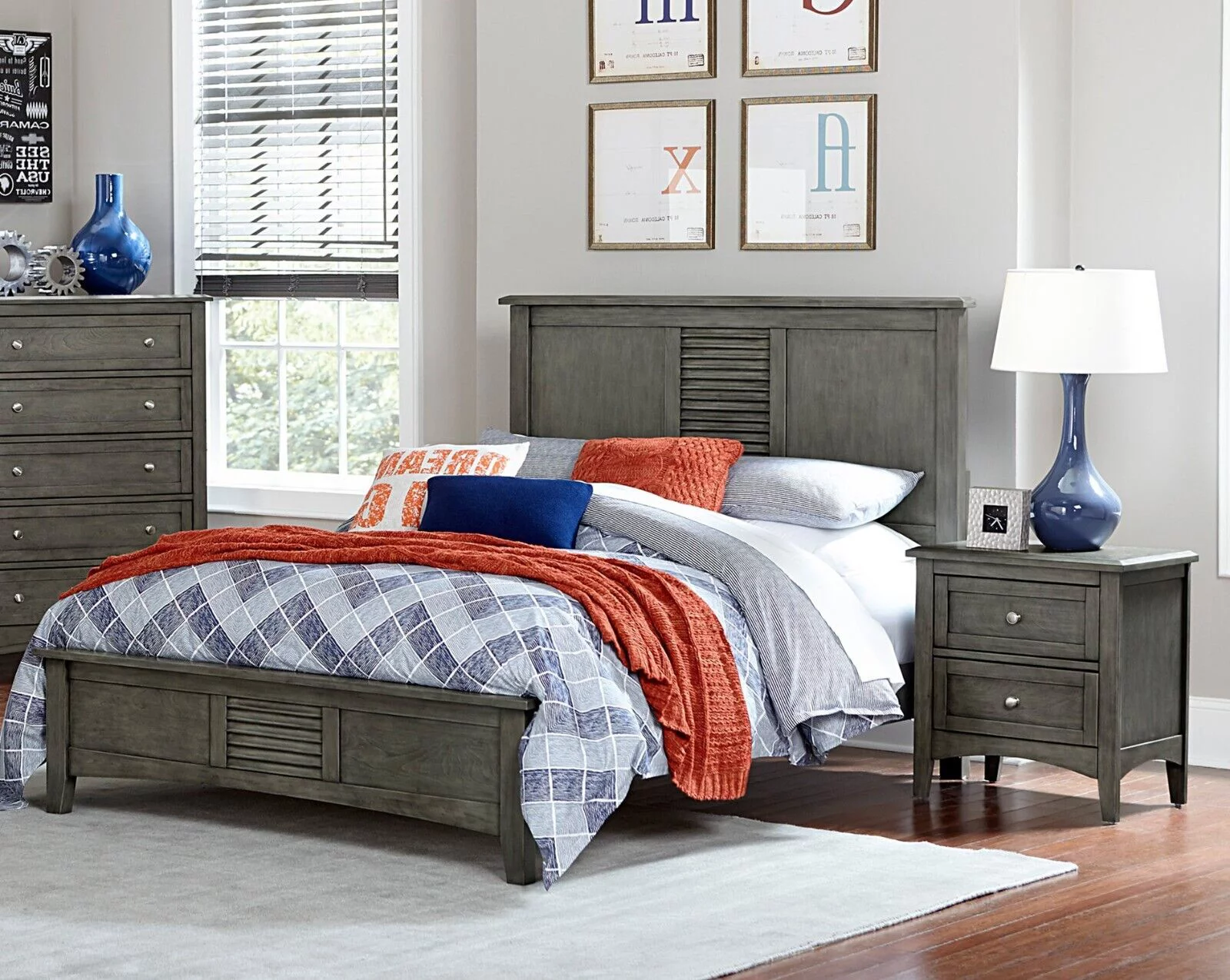 Transitional Gray Finish Bedroom 3pc Set Queen Size Bed Panel Headboard 2x Nightstands Bedroom Furniture