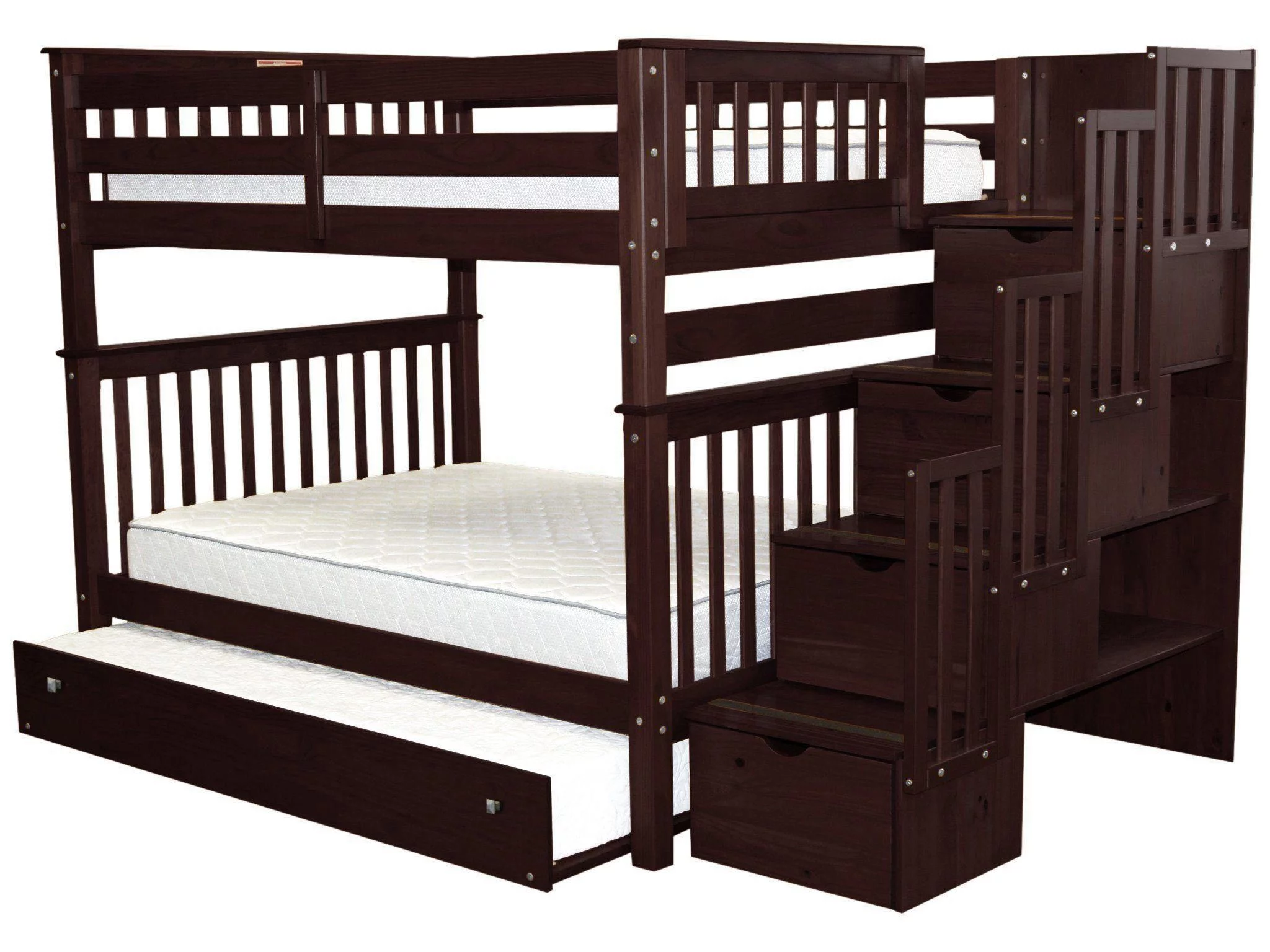 Bedz King Stairway Bunk Beds Full over Full with 4 Drawers in the Steps and a Full Trundle, Dark Cherry