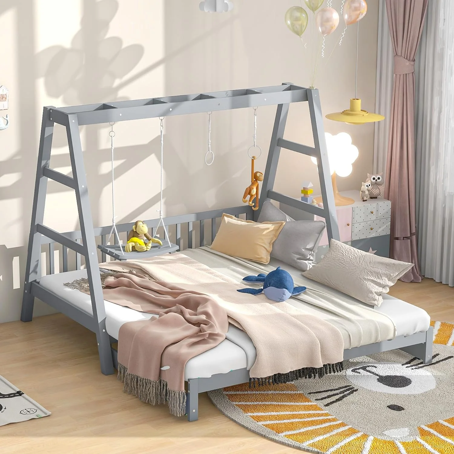 Extedable Daybed,Woode Daybed Frame With Swig Ad Rig Hadles For Bedroom Livig Room,Box Sprig ot Required,Gray