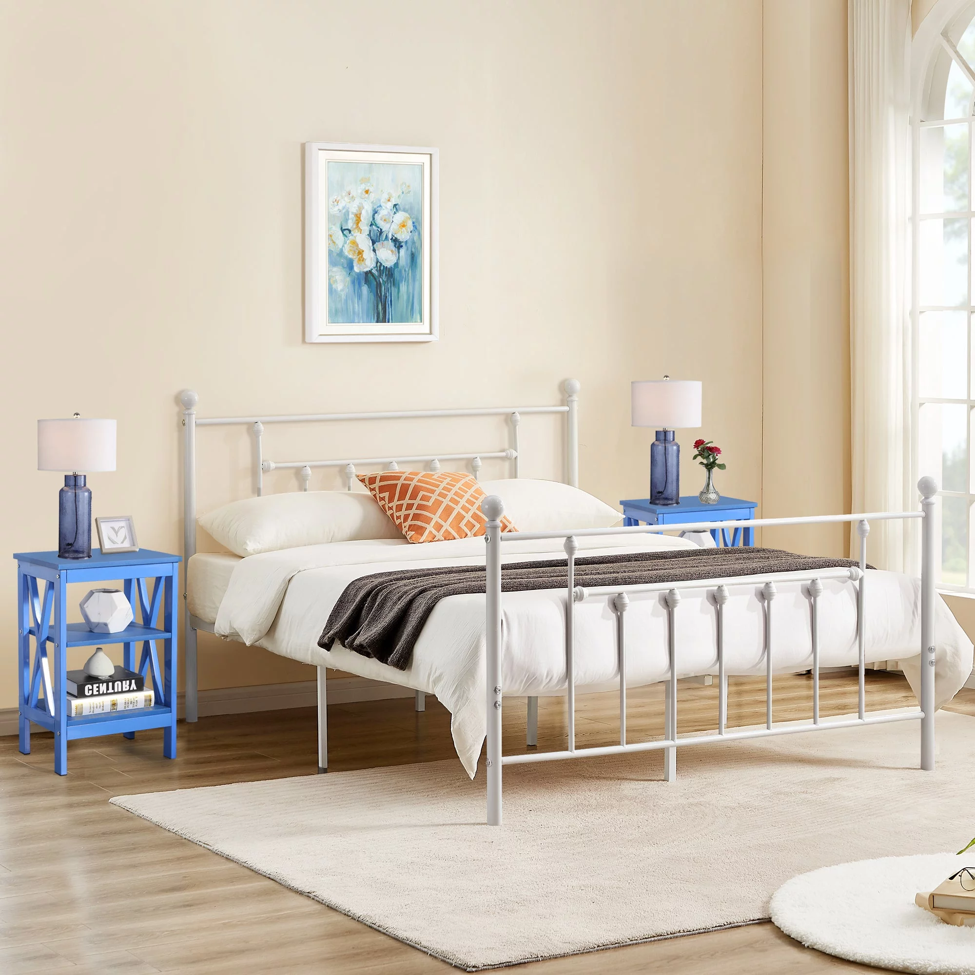 VECELO 3-Piece Bedroom Set with 1 Metal Bed Frame and 2 Blue Nightstand, Full Size