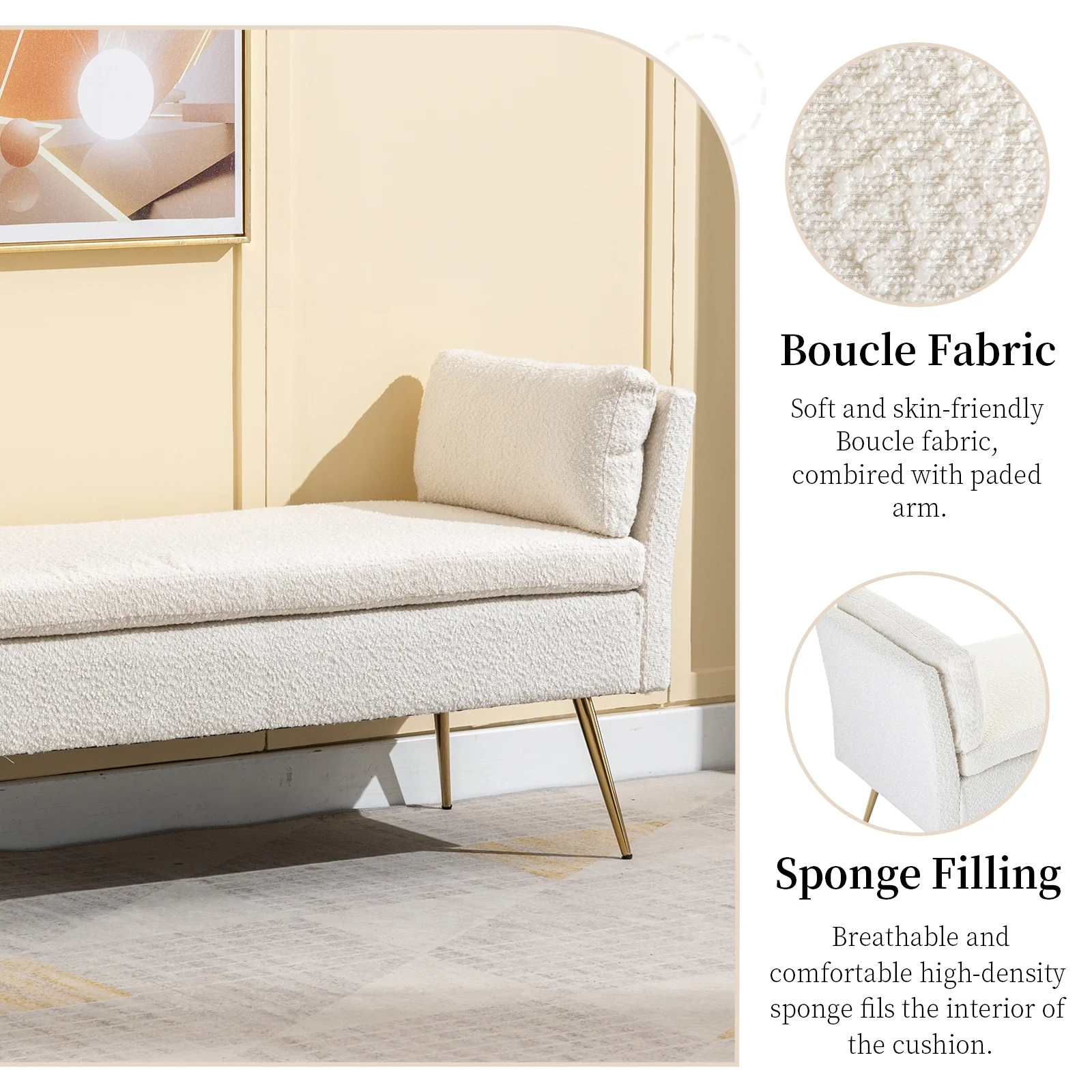 Sudwesto Boucle End Bed Ottoman Bench, Upholstered Bedroom Stool, Traditional Entryway Shoe Bench, Accent Wood Bench with Fabric Padded Seat for End of Bed, Corridor, Bedroom, Living Room