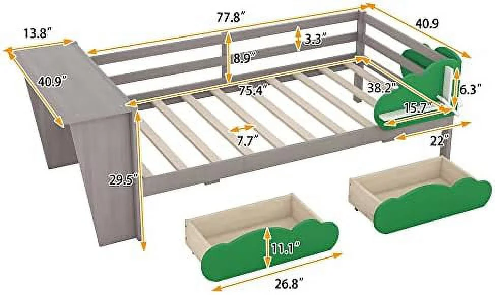 LLBIULife Harper & Bright Designs Twin Size Daybed with Drawers and Desk Wood Daybed Frame Green Leaf Shape Drawers and Shelves No Box Spring Needed (Gray)