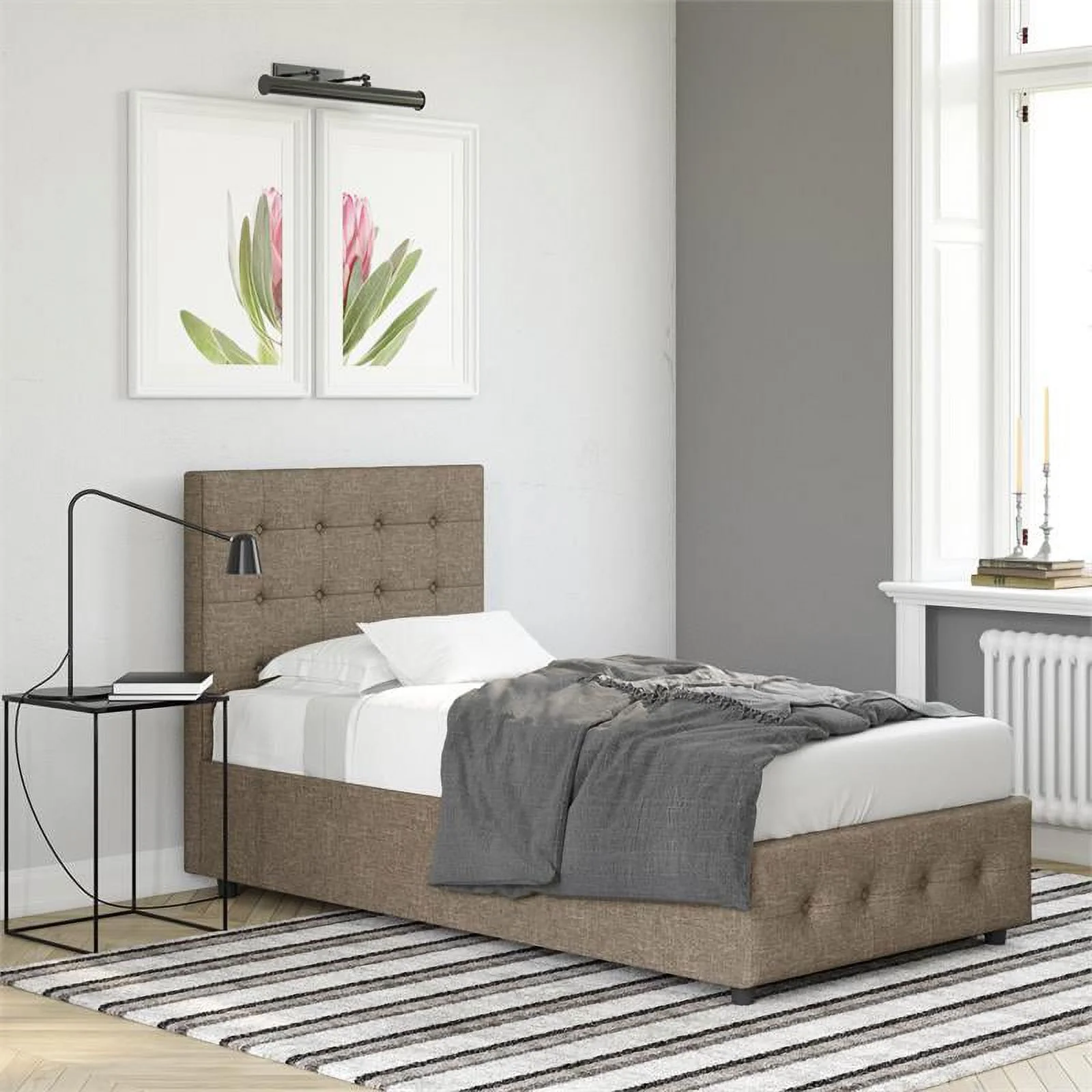 DHP Sherry Upholstered Bed in Twin Size Frame in Gray Linen