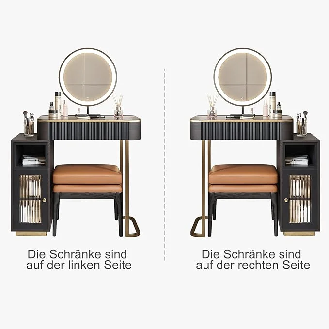 Vanity Table with Stool,Retractable Makeup,Dressing Table,Vanity Desk,Dresser Desk,Vanity Set for Small Spaces,4 Drawers, Side Cabinet, LED Lighted Mirror, Gold-Plated Stainless Steel Legs