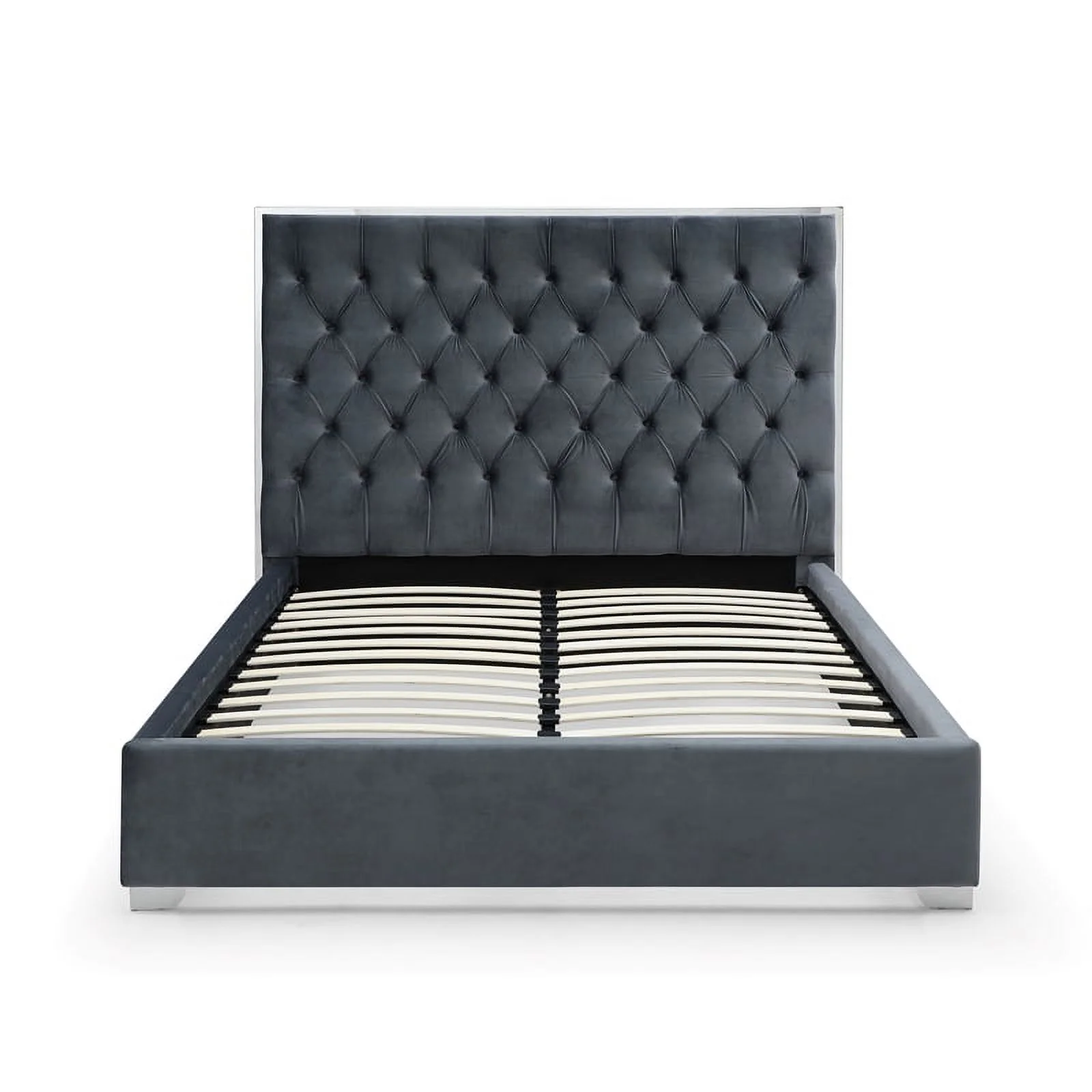 Better Home Products Sophia Velvet Queen Bed with Silver Metal Frame in Gray