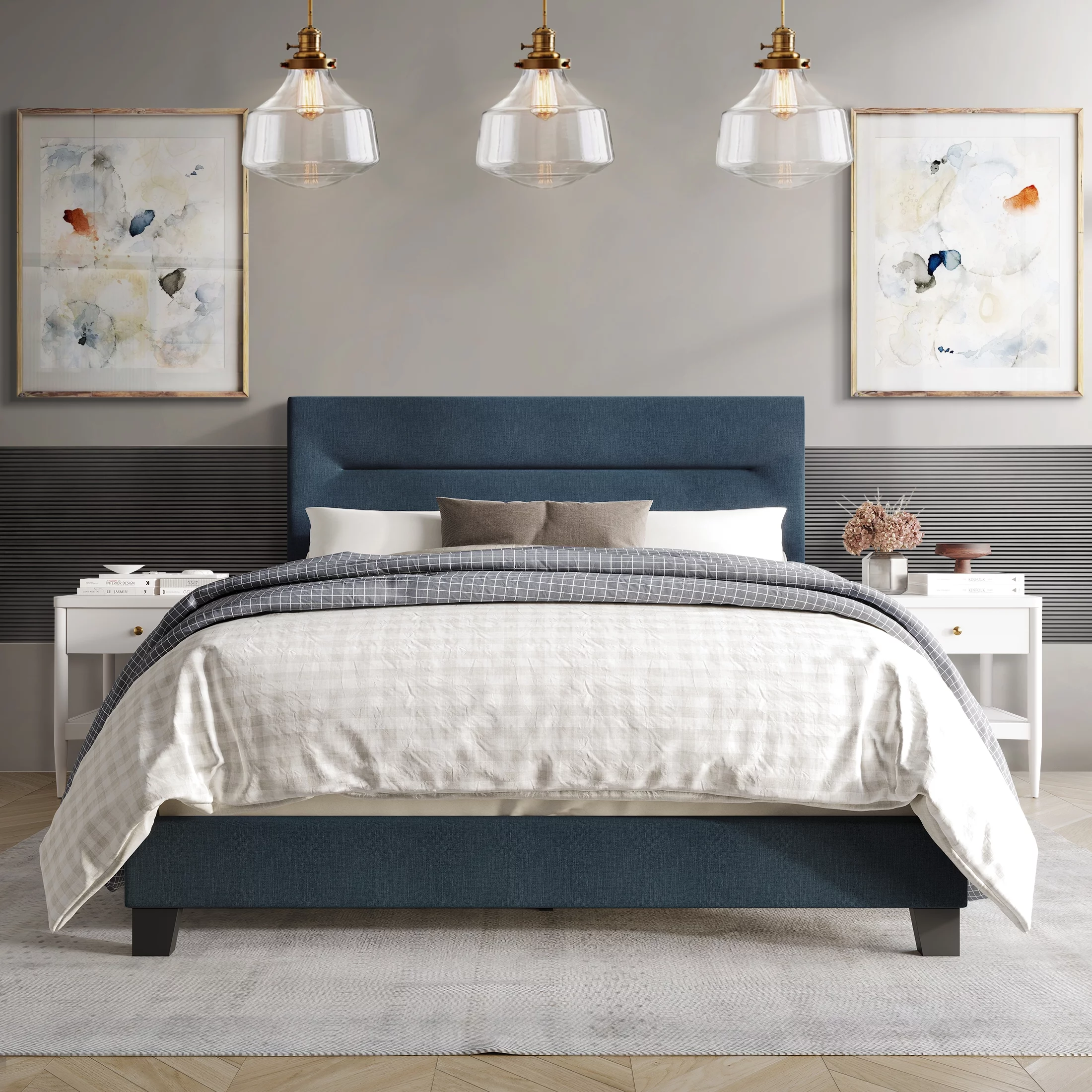 Castle Place Simple Linen Upholstered Twin Bed, Blue