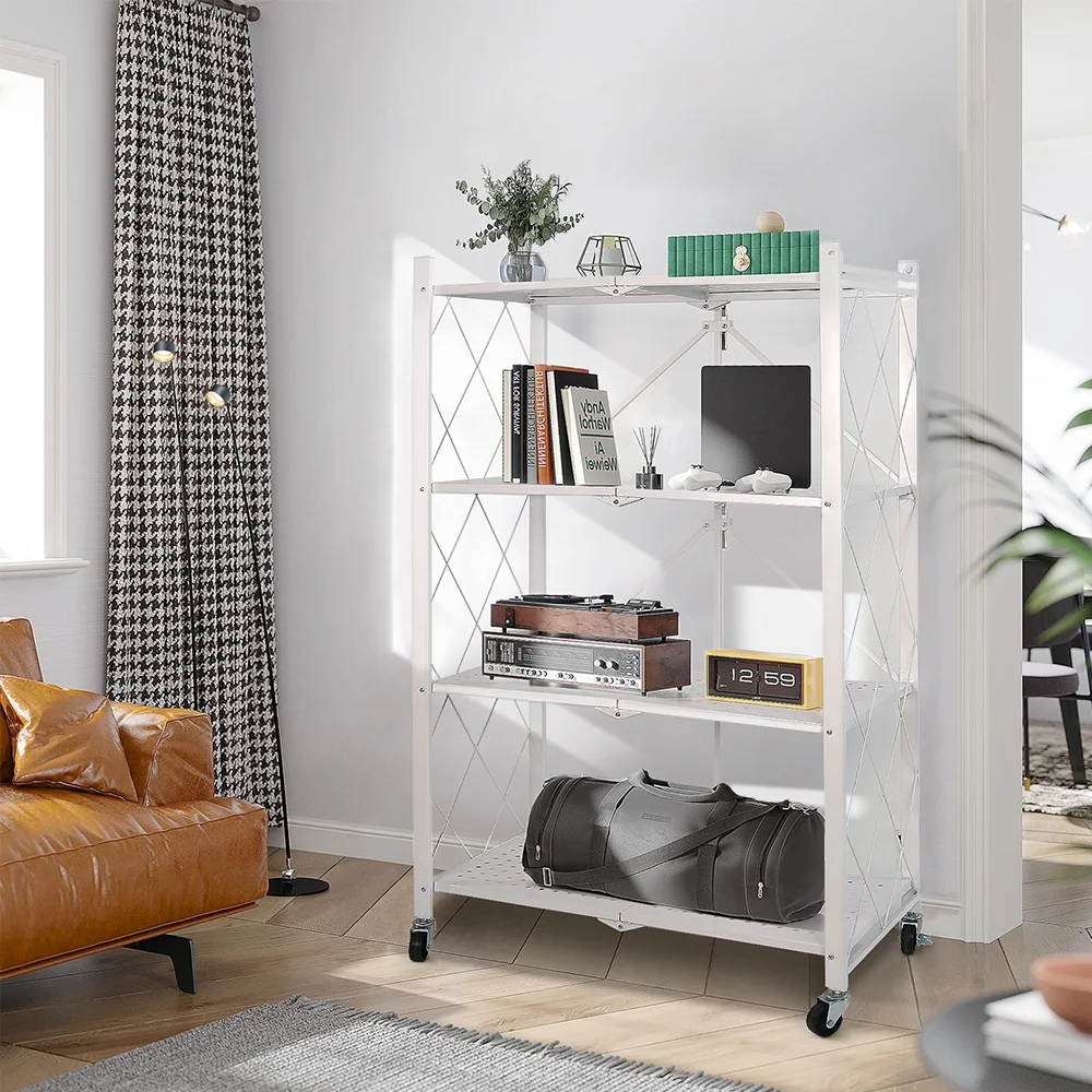 COOKCOK 4-Tier Storage Shelving Unit, Metal Shelf, Foldable Storage Shelf with Wheels, 27.9
