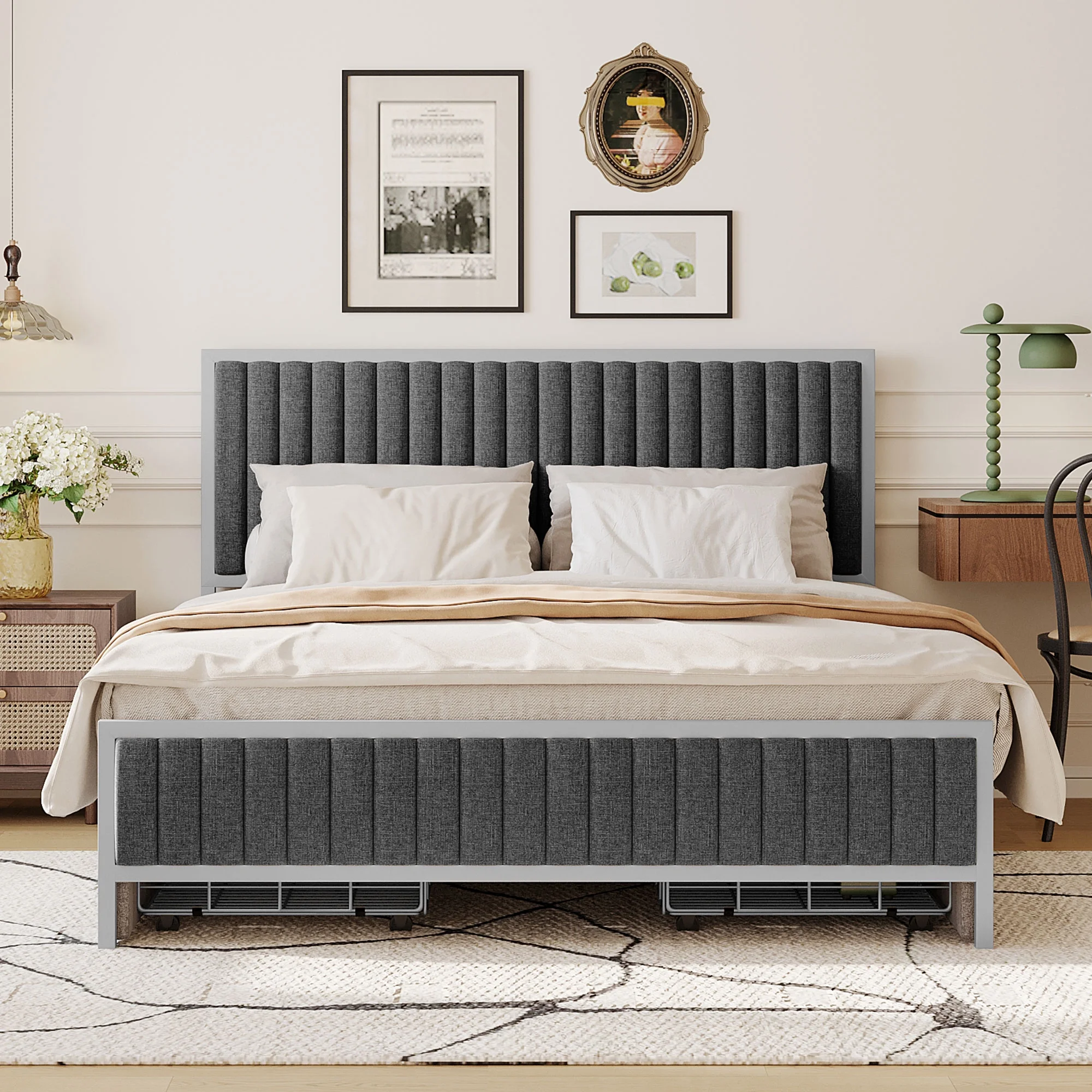 Churanty Queen Size Metal Frame Upholstered Bed with 4 Drawers, Linen Fabric, Gray