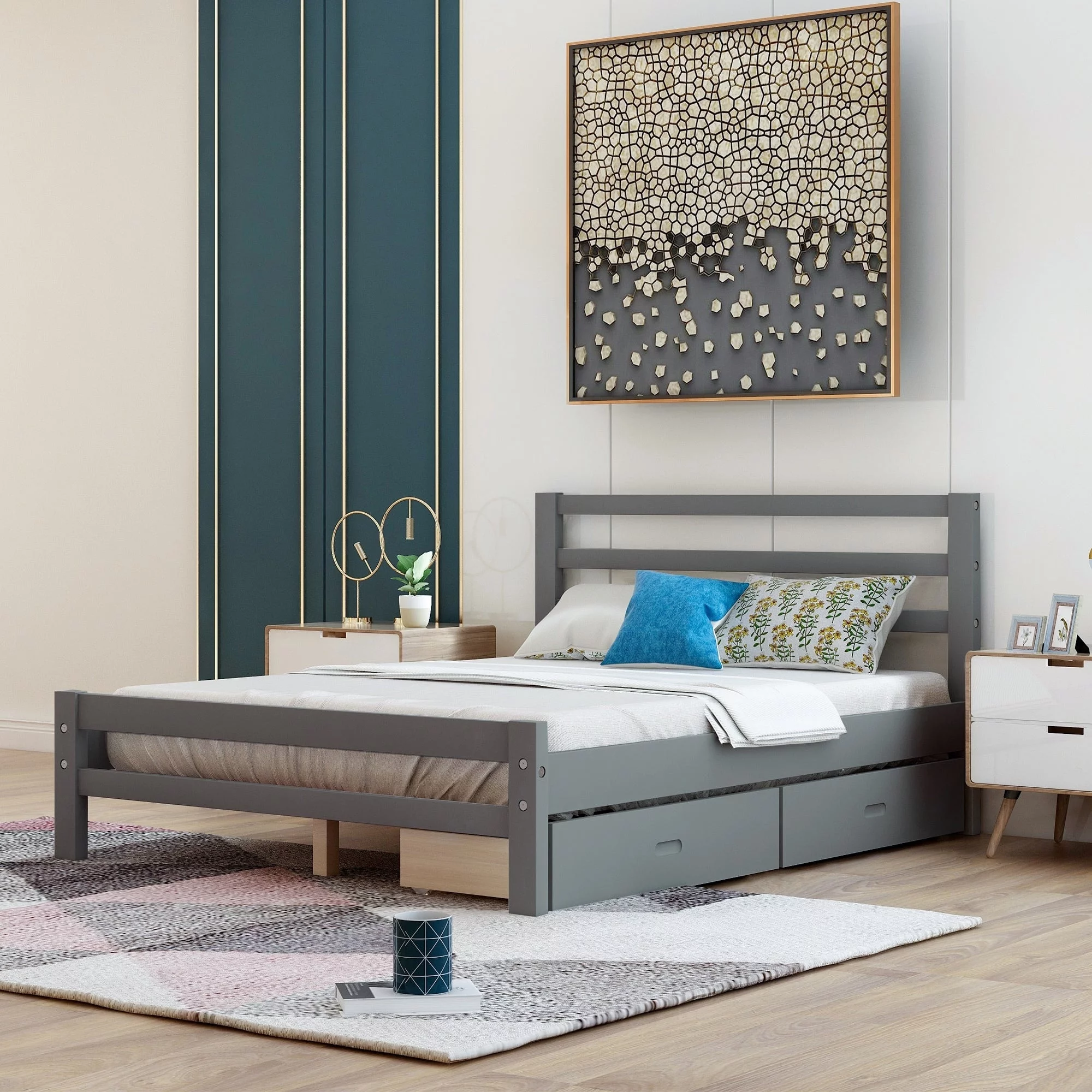 Full/Twin Wood Frame Platform Bed with 2 Drawers White Twin