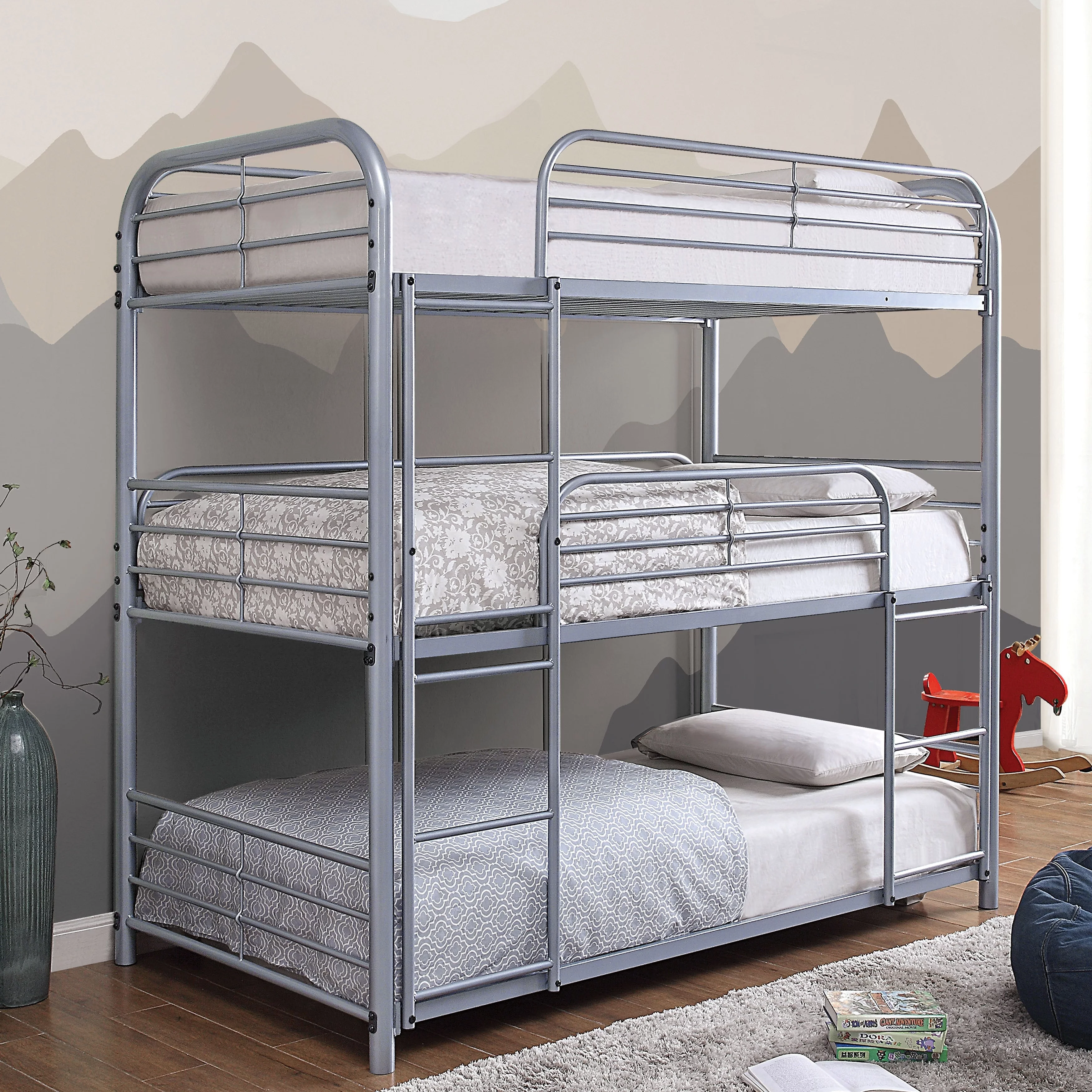 Furniture of America Zord Transitional Twin Metal Triple Bunk Bed with Slatted Guardrails by Silver