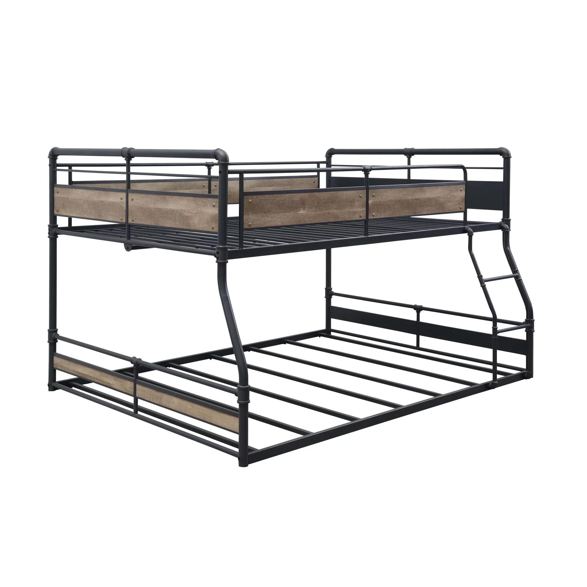 Miekor Furniture Cordelia Full/Queen Bunk Bed in Antique Oak, Sandy Black & Dark Bronze Hand-Brushed Finish