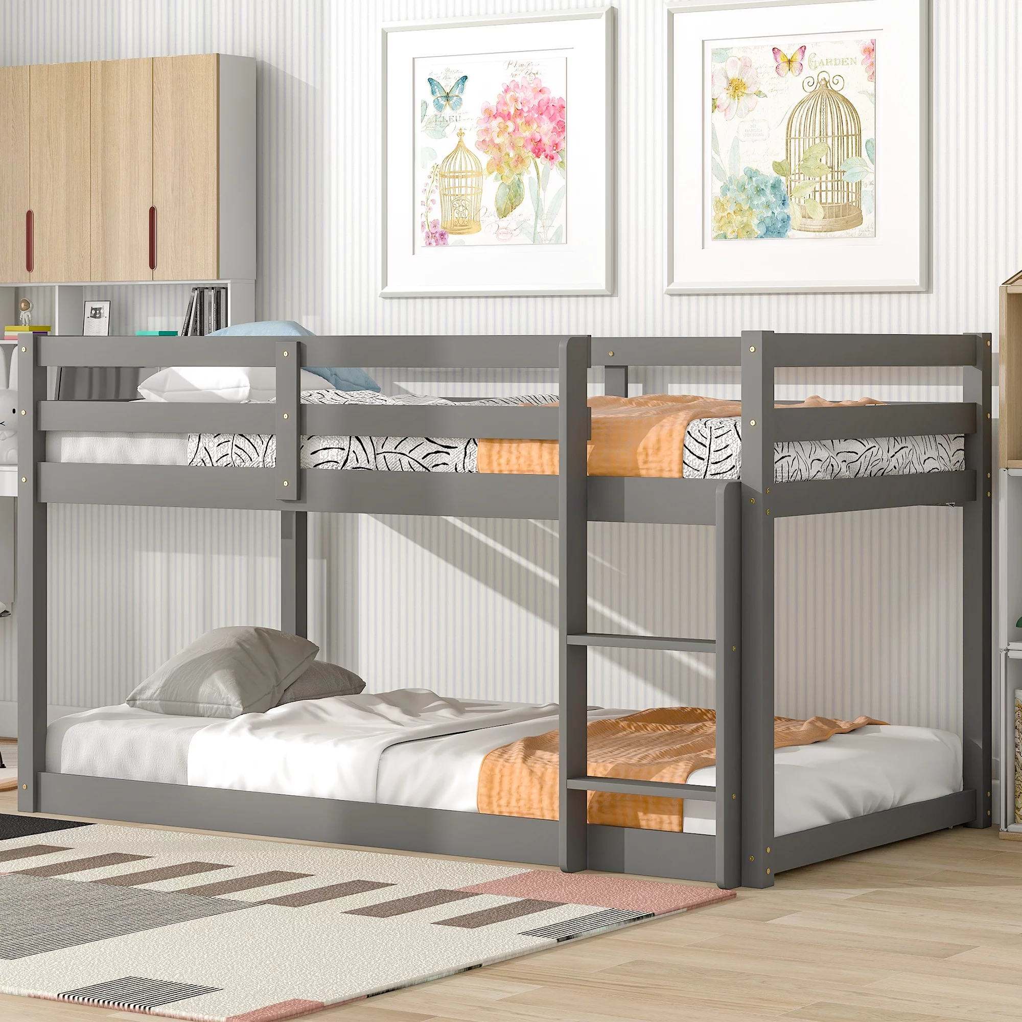 Gewnee Wood Twin over Twin Floor Bunk Bed with Built-in Ladder for Kid's Room,Gray