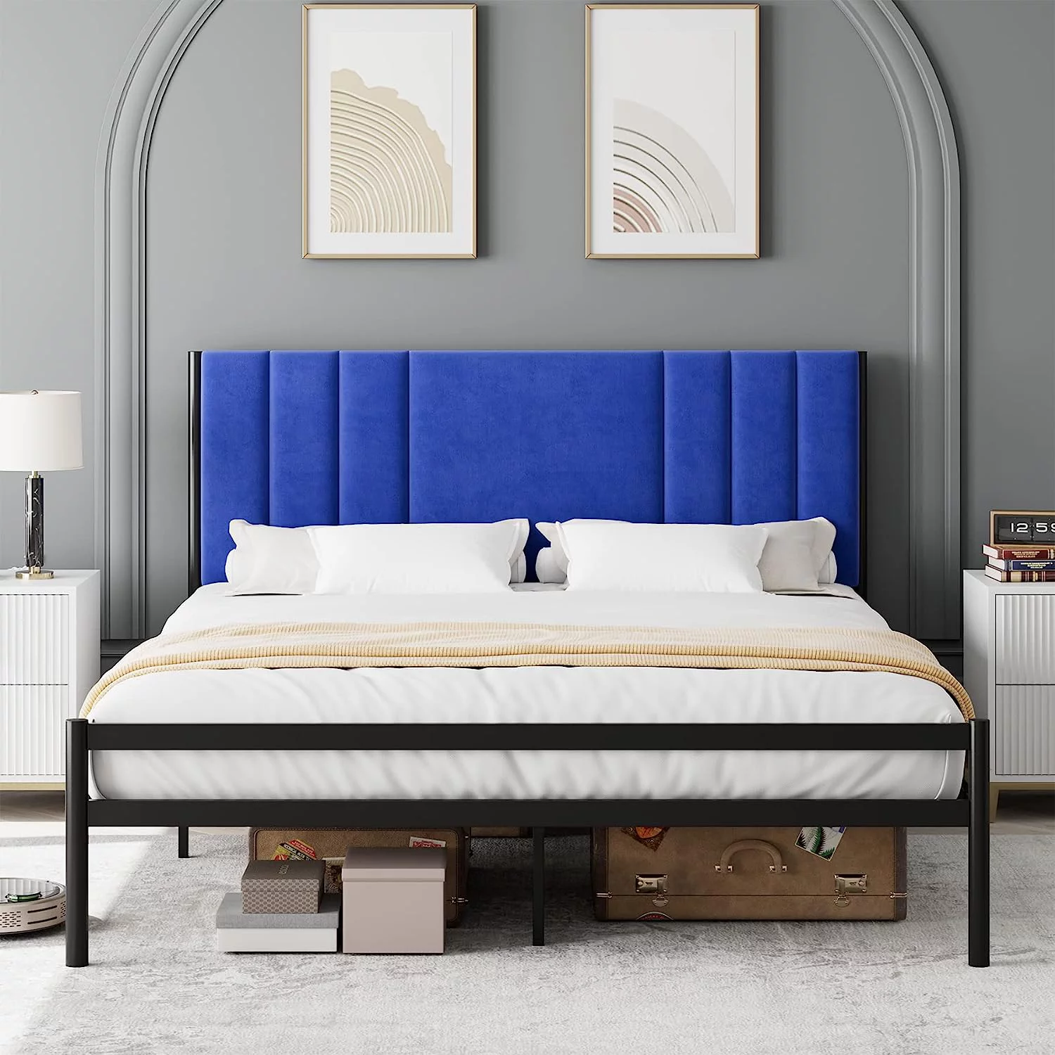 Popular Twin Bed Frame  Platform Bed Frame with Velvet Headboard  Heavy Duty Metal Bed Frame with 15 Strong Slats Support  Box Spring Optional  Easy Assembly  Grey