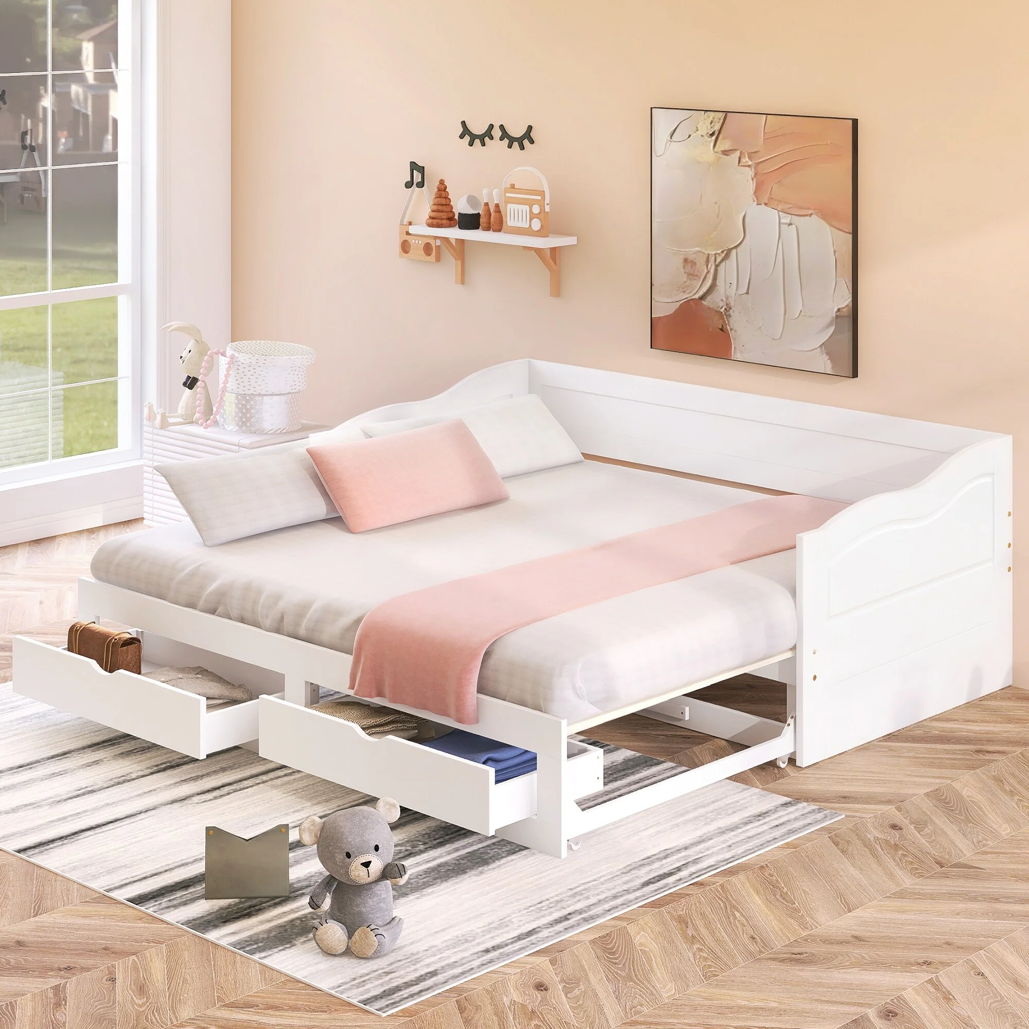 Nestfair  Wooden Daybed with Trundle Bed and Two Storage Drawers White