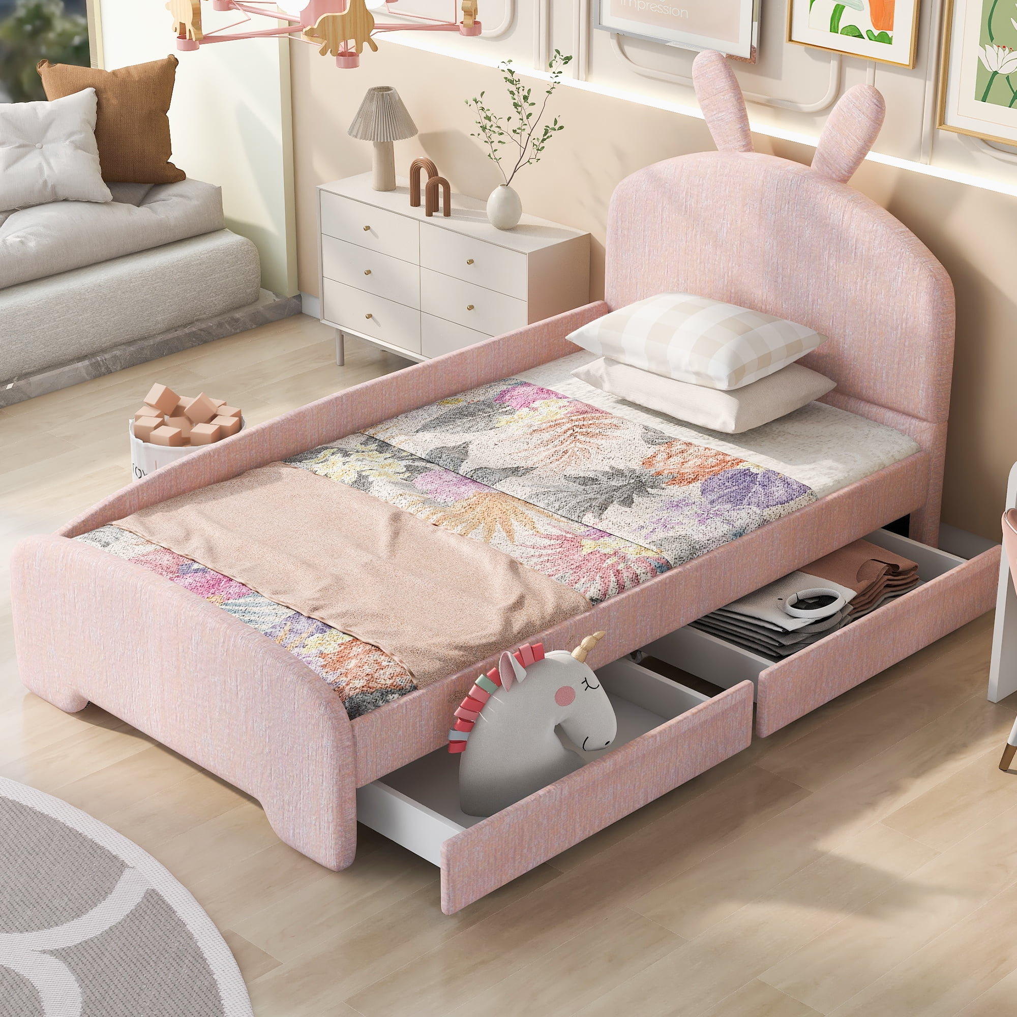 Twin Bed Frame with Cartoon Ears Shaped Headboard Upholstered Platform Bed with 2 Drawers for a Playful and Stylish Kids' Bedroom-Pink