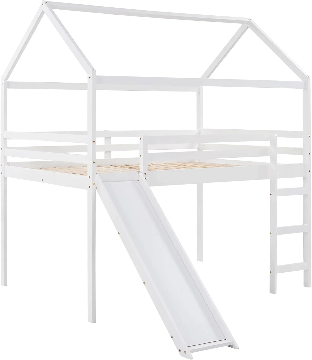 Full Size Loft Bed With Slide And Ladder, Wood House Bed Frame With Roof For Kids Boys Girls, White