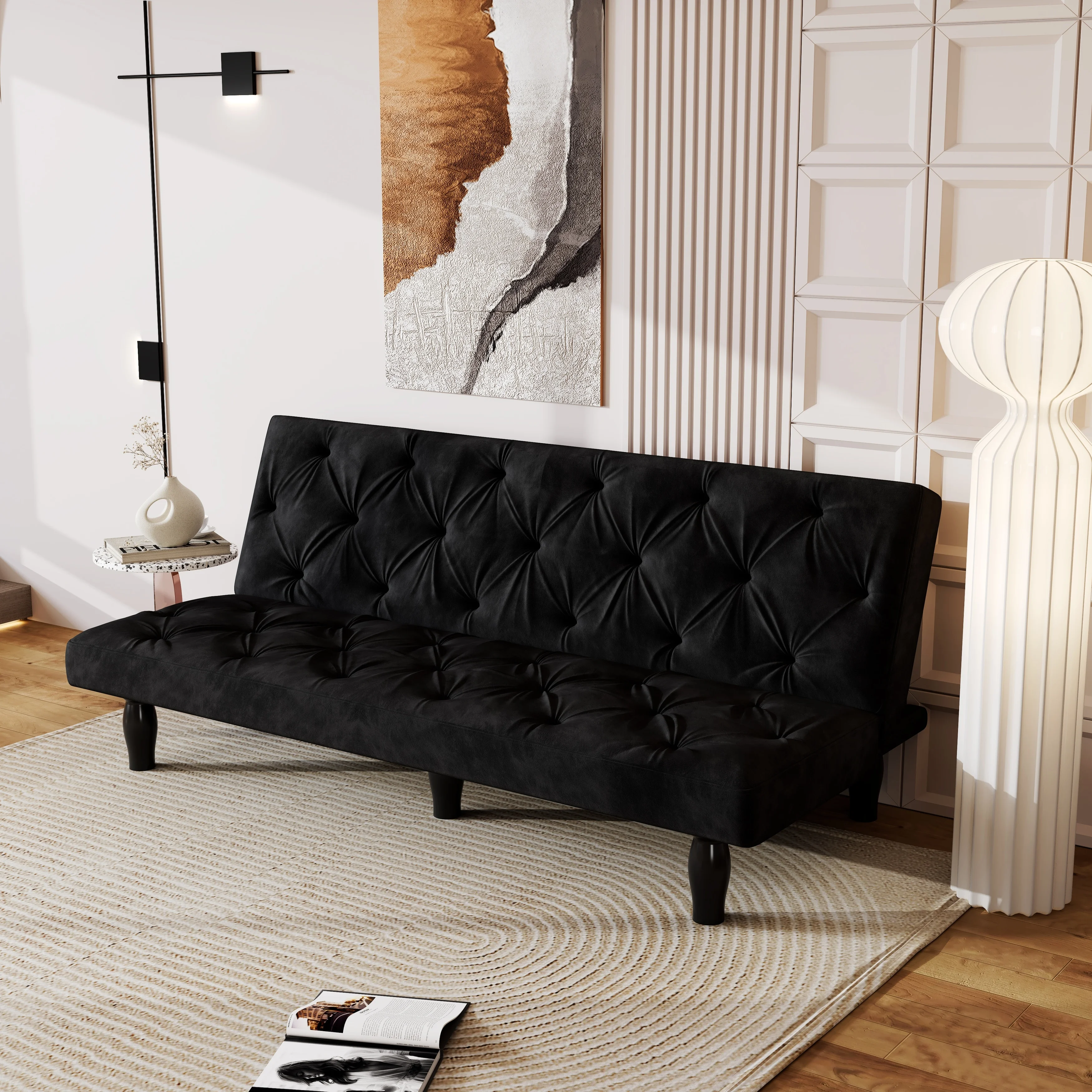 Fireworks Texture Sleeper Loveseat Convertible Sofa Armless Matt Black Settee Bed 2-in-1 Bench Recliner Sofa for Living Room
