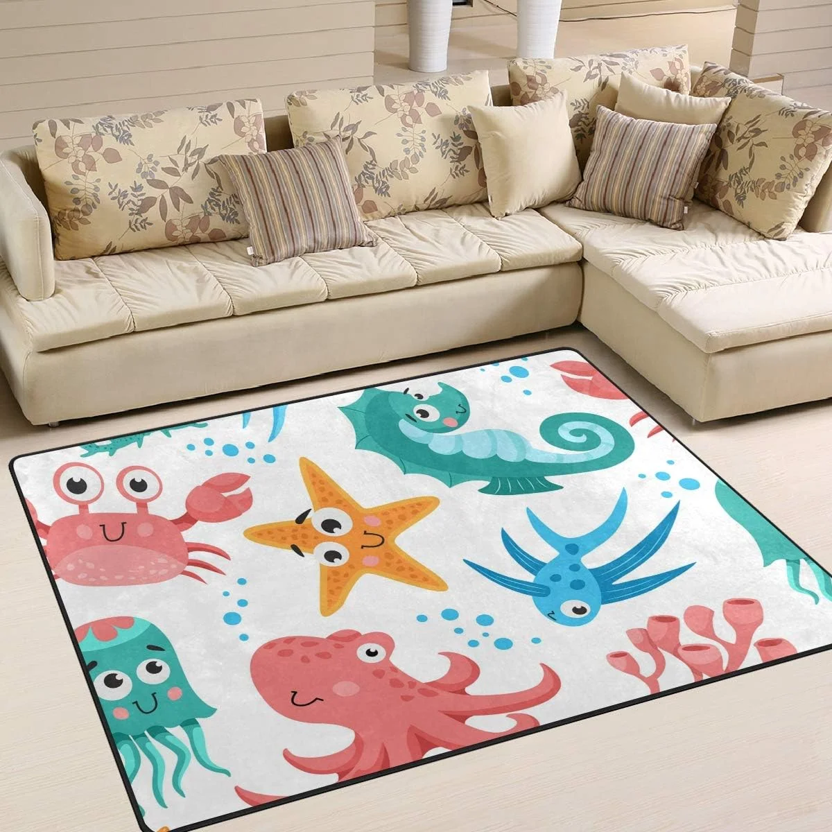 Cute Octopus Starfish Marine Animals Area Rug 5x7 Soft Large Area Rugs Indoor Modern Floor&nbsp;Carpet No-Shedding Non-Slip Mat for Living Room Entryway Bedroom Kids Room