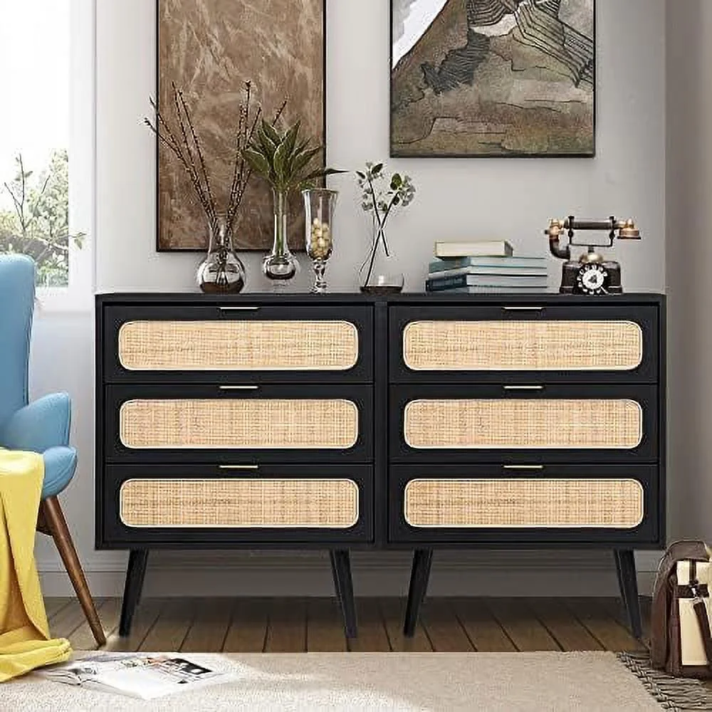 2 Sets of Rattan Nightstand Dresser Chest of 3 Drawers Wood Dresser Cabinet Organizer Unit for Bedroom Living Room Closet Office(Walnut)