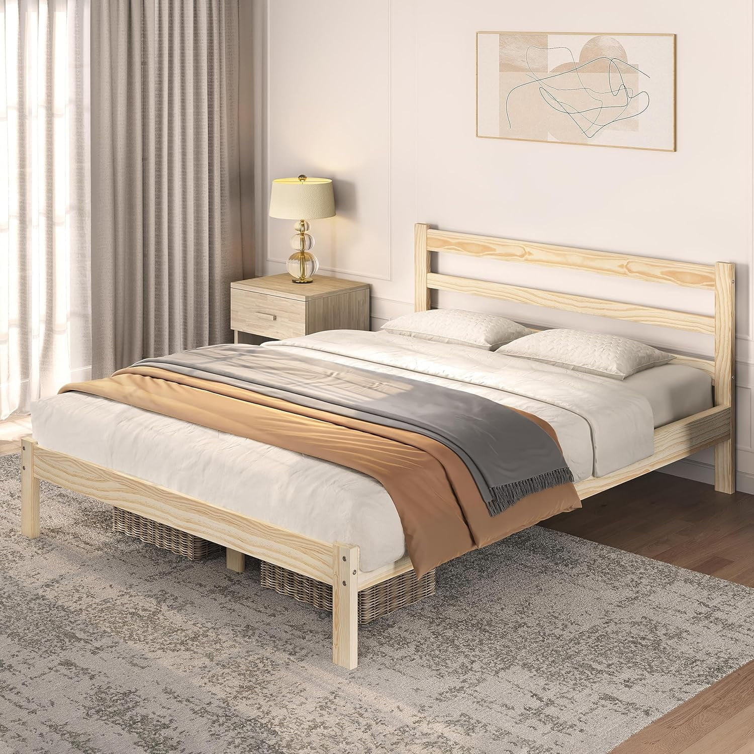 Queen Bed Frame Solid Pine Wood Platform Bed with Paneled Headboard, Wicklow Style/Wooden Slats Support/Noise-Free/7.5″ Space Underneath/No Box Spring Needed/Easy Assembly, Wood Queen Bed
