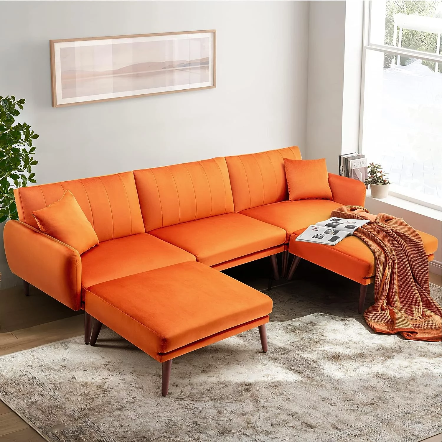 JOMEED Convertible Sectional Sofa Couch, Modern Oversized Velvet Fabric U-Shaped Couch Sofa Bed with Adjustable Backrest for Living Room, Apartment