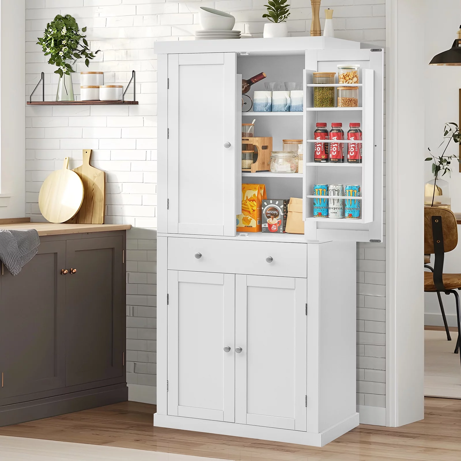 72”H Kitchen Pantry Cabinet with 4 Doors and 1 Drawer, Freestanding Tall Storage Cupboard with 6 Hanging Shelves and Adjustable Shelves for Kitchen, White
